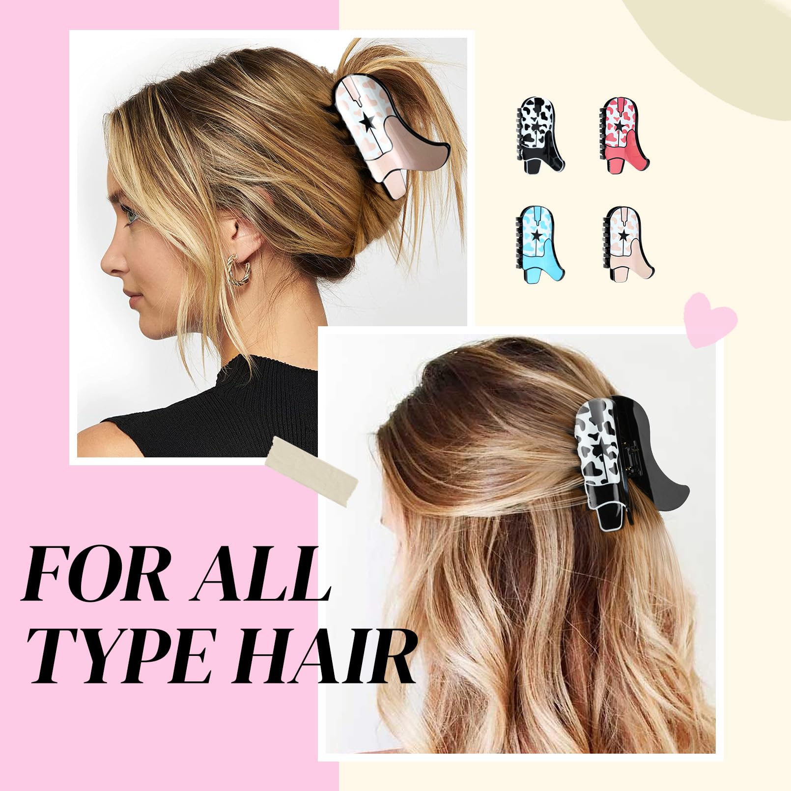 4Pcs Large Hair Claw Clips for Women - Strong Hold Jaw Clips for Thick Hair, Cowgirl Boot & Banana Hair Clips - Western Style Hair Accessories, Perfect for Girls Holiday Gifts, Everyday Use & Special Occasions