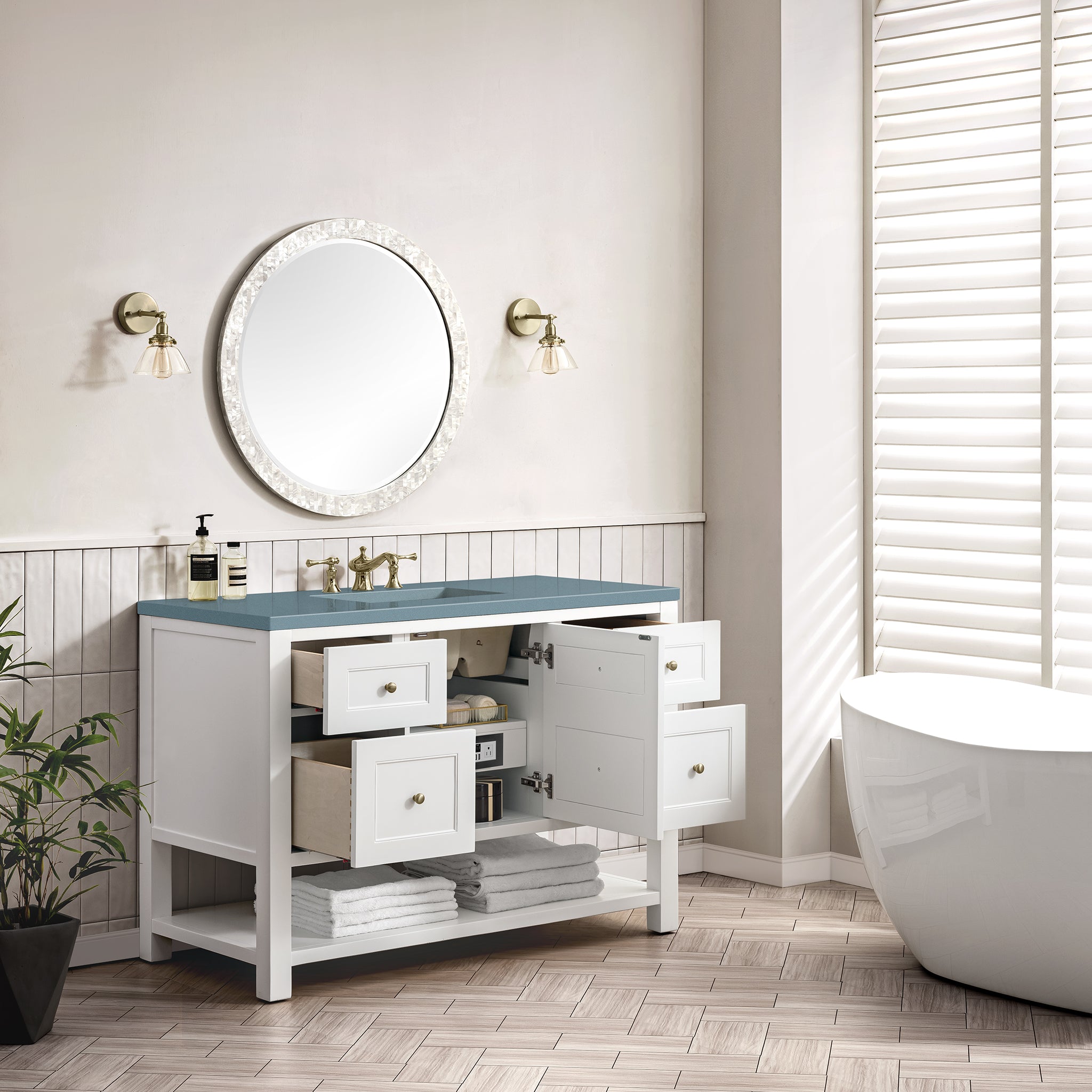 Breckenridge 48 Inch Single Bathroom Vanity Set with Bright White Finish & 3CM Cala Blue Quartz Top - Perfect for Modern Bathroom Renovations & Home Upgrades