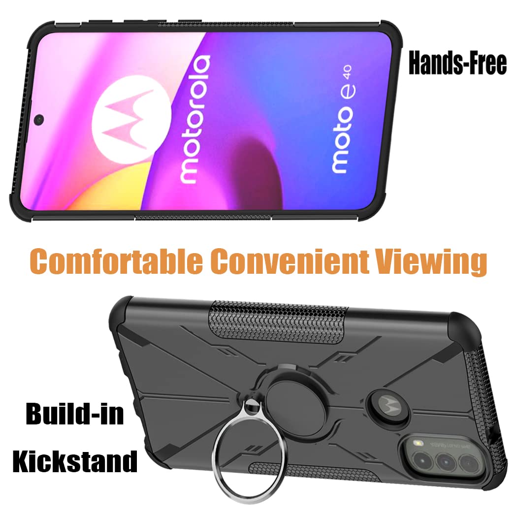 Magnetic Kickstand Case for Motorola Moto E20/E30/E40 (XT2155/XT2158) with Tempered Glass Screen Protector - 360° Rotating Ring Holder, Protective Cover (Black) - Perfect for Work, Travel, and Everyday Use