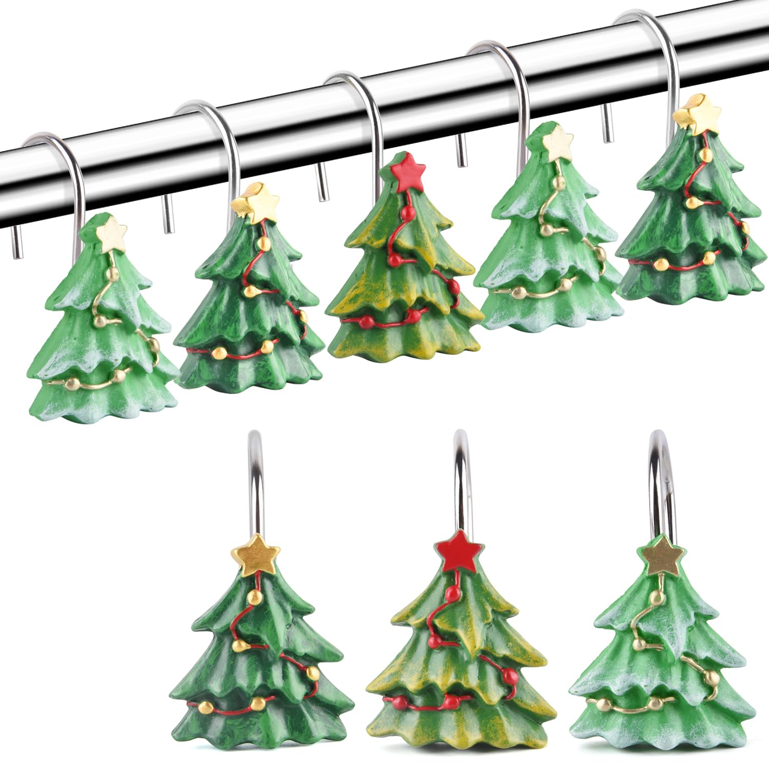 12 Pack Christmas Tree Shower Curtain Hooks - Rustproof Bathroom Decorations for Holiday Season | Winter Home Decor & Christmas Party Supplies