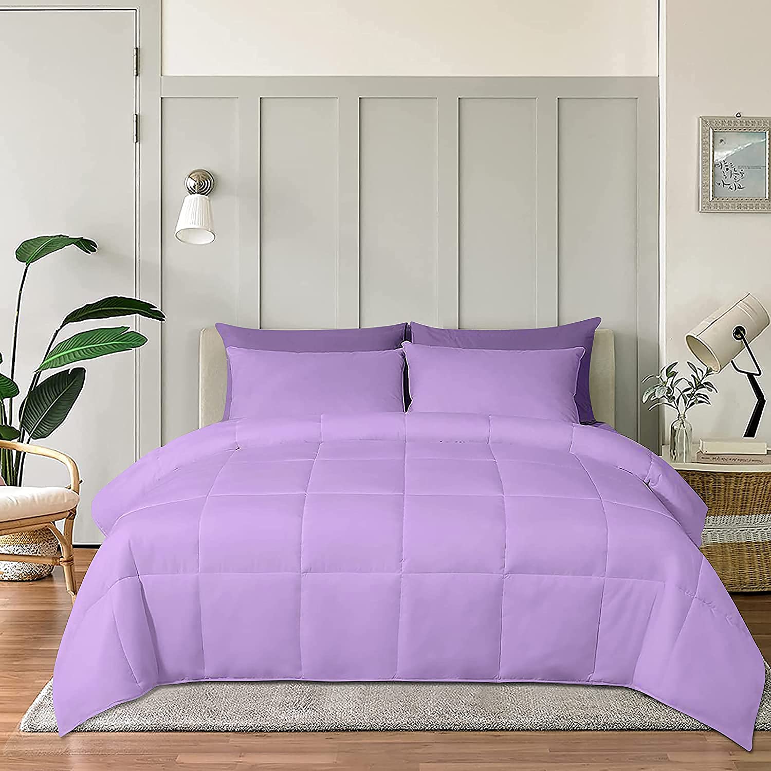 Lightweight All Season Down Alternative Comforter - 100% Cotton Soft Quilted Duvet Insert, Cooling Comforter for Warm Weather & Hot Sleepers - King/California King Size, Lilac Purple - Perfect for Bedroom, Guest Room & Dorm Use