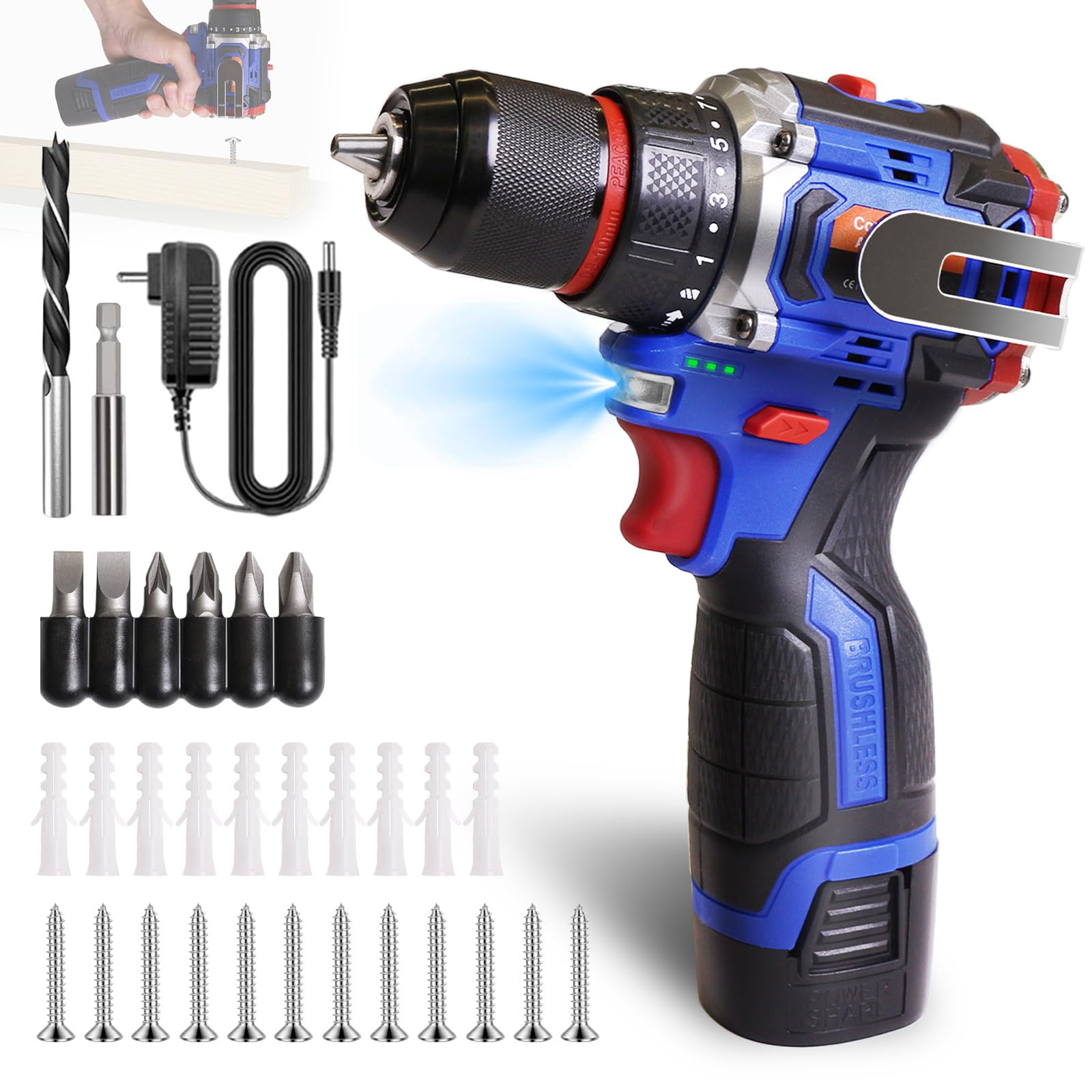 Aspro 16.8V Brushless Cordless Drill Set with Battery & Charger - 2-Speed Electric Drill, 3/8