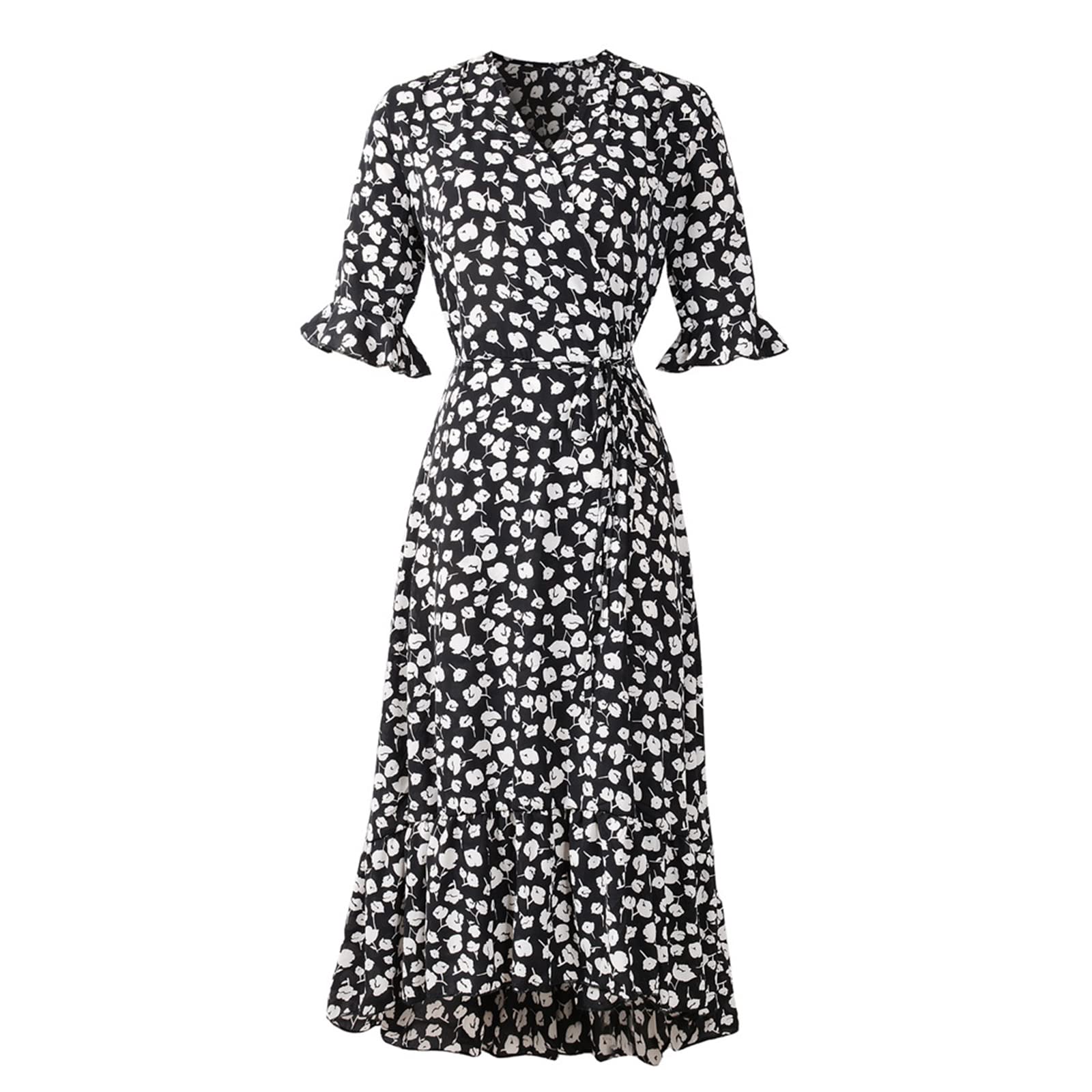 Amiblvowa Women's Floral Print Midi Dress - Short Sleeve V-Neck Summer Casual Party Dress (Black, Medium) | Perfect for Beach Vacations, Garden Parties & Date Nights