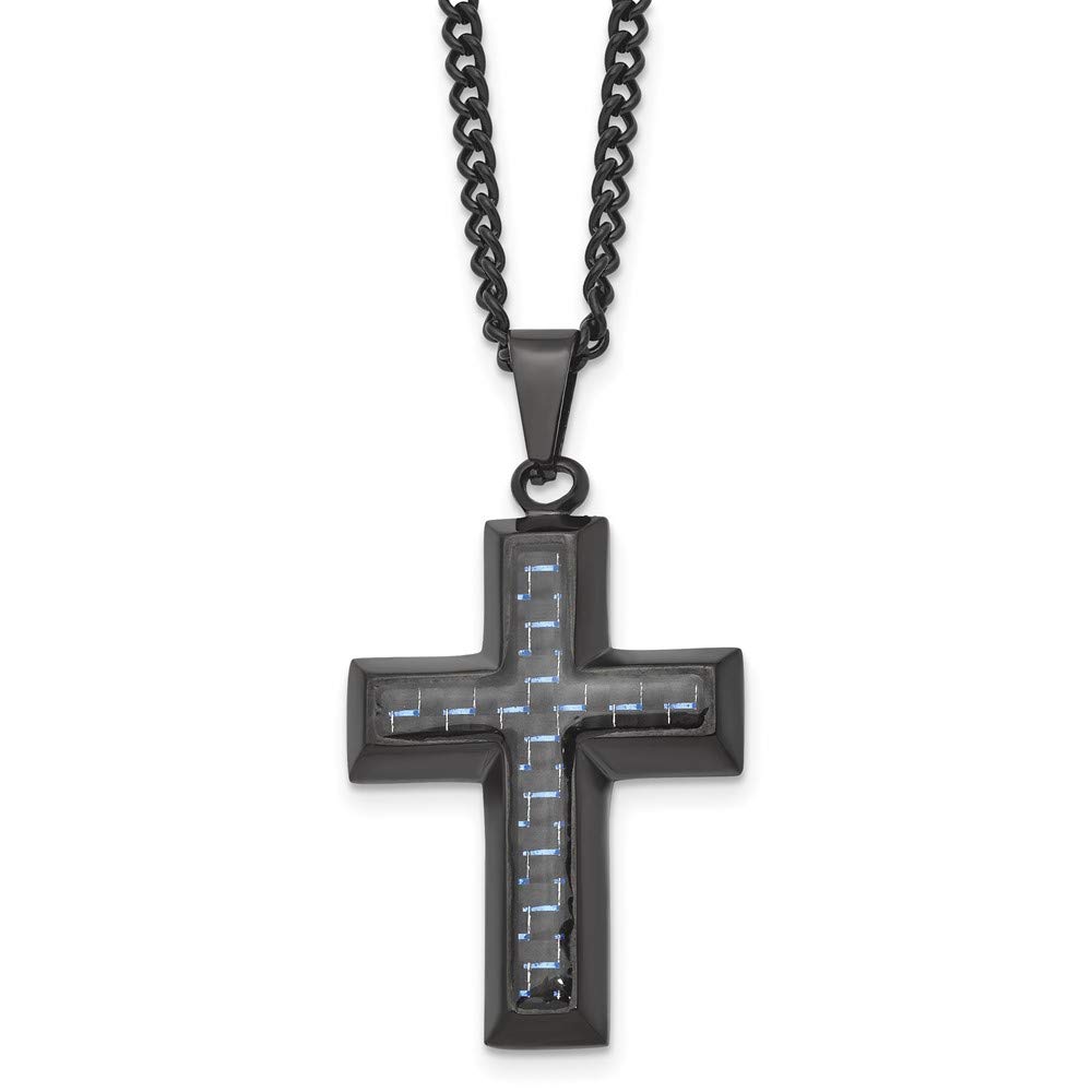 Black Bow Black Plated Stainless Steel Blue Carbon Fiber Cross Necklace - 24 Inch Religious Jewelry for Men & Women - Perfect for Church, Gifts, and Everyday Wear