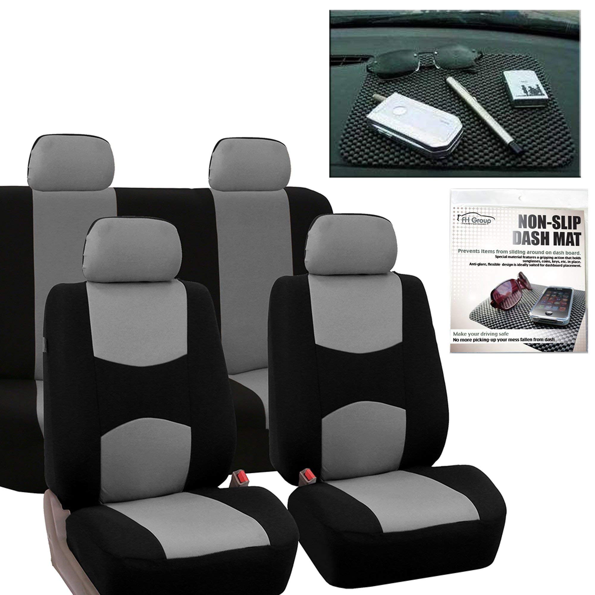 FH Group Universal Fit Car Seat Covers Full Set - Non-Slip Gray Cloth Seat Protectors for Cars, Trucks & SUVs | Includes Bench Cover & Dash Grip Pad | Perfect for Road Trips, Daily Commute & Family Protection