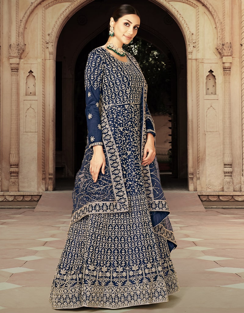 Elegant Blue Anarkali Semi-Stitched Suits for Women - Traditional Indian Ethnic Wear for Weddings, Parties & Festive Occasions