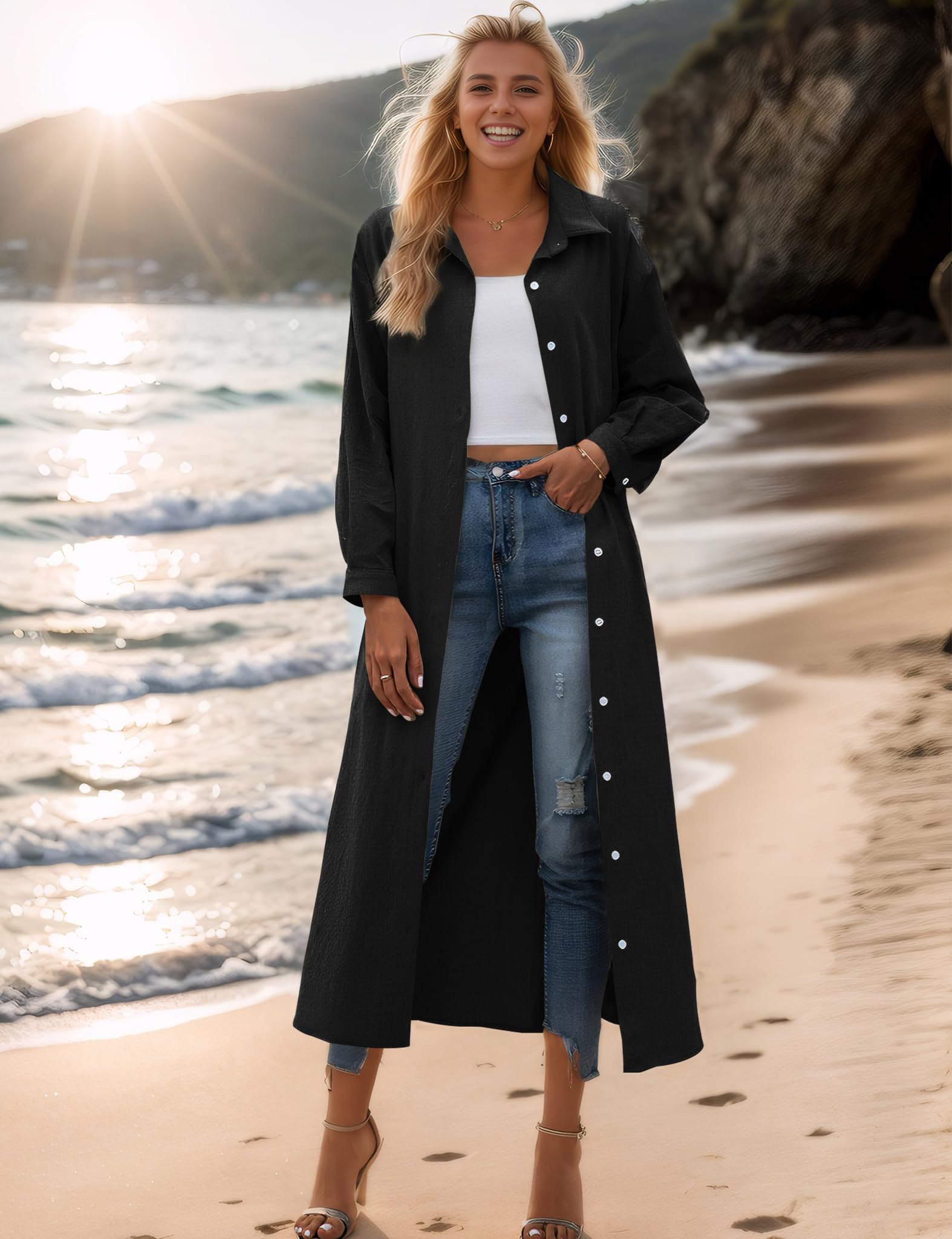 Sopliagon Women's Cotton Linen Shirt Dress - Casual Loose Maxi Dress with Pockets | Summer Beach Cover Up, Vacation Outfit, Boho Chic Style