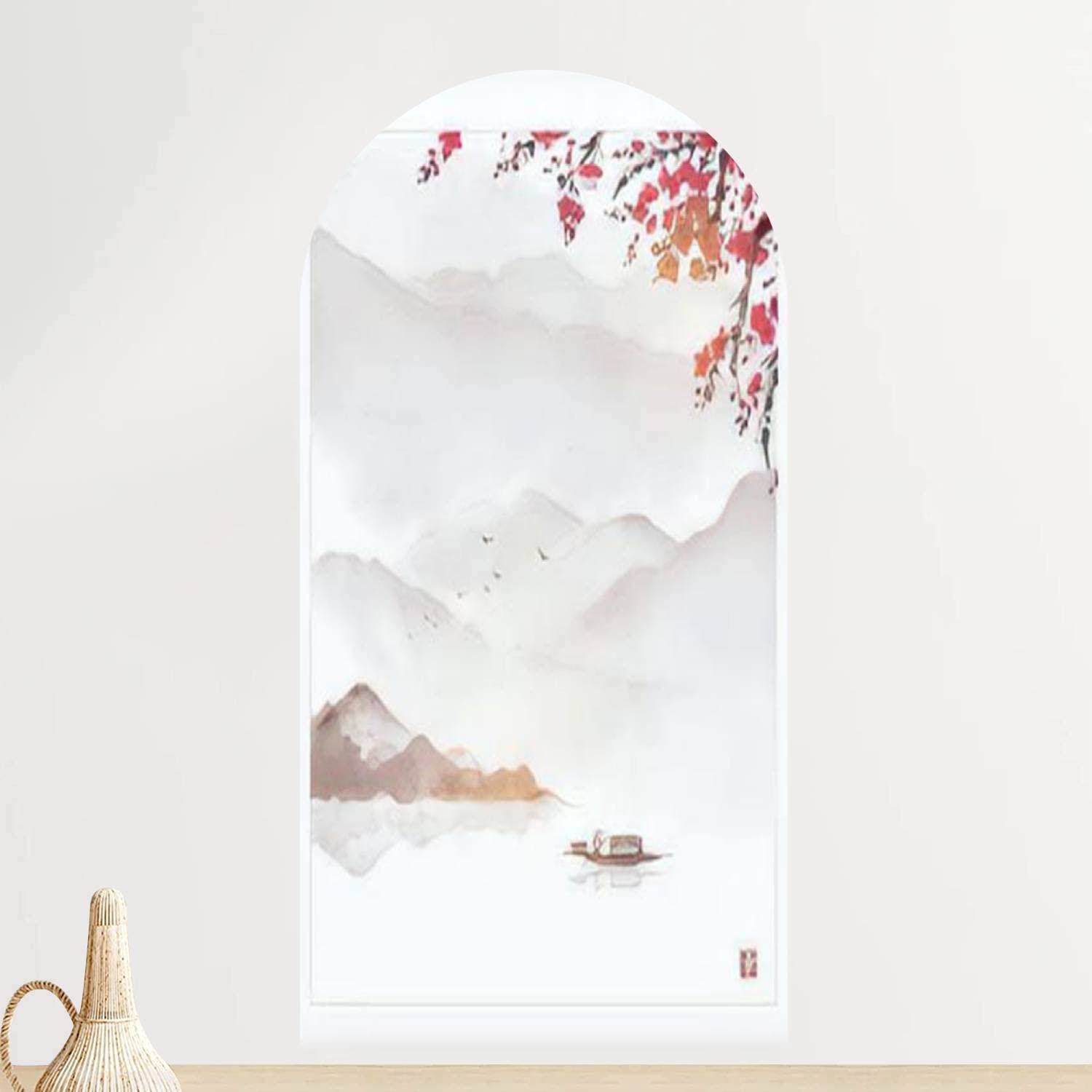 Oriental Landscape Fishing Boat Misty Mountains Blossom Vintage Style Peel and Stick Wallpaper - Self-Adhesive Removable Wall Sticker Mural for Living Room, Bedroom, Nursery - Perfect for Home Decor, Accent Walls & DIY Interior Design