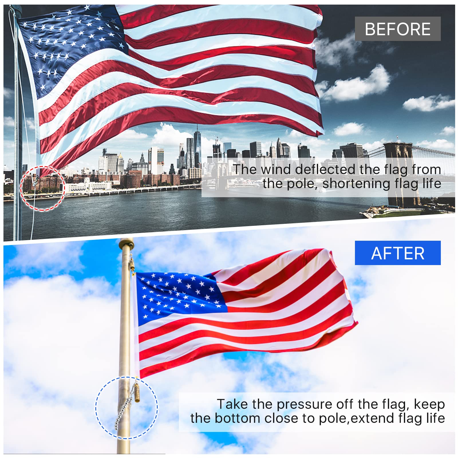 2 Pack Beaded Flagpole Retainer Rings for Internal Halyard System - Heavy Duty Flag Pole Clips to Secure Bottom of Flag & Keep It Close to Pole - Perfect for Residential, Commercial & Marine Flag Displays