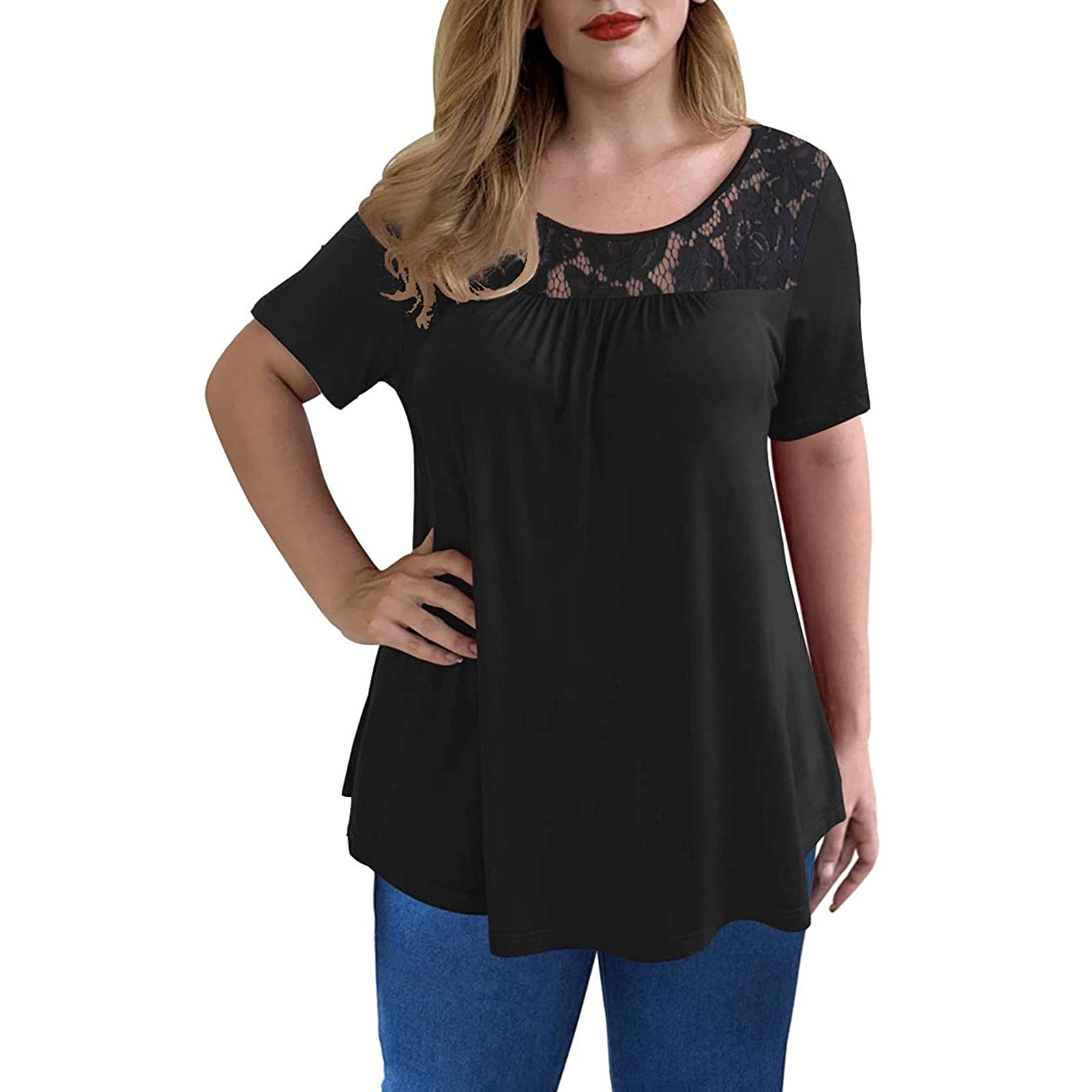 **Plus Size Women's Fashion Lace Patchwork Short Sleeve O-Neck Casual Blouse Tops - Stylish & Comfortable for Work, Dating & Everyday Wear #1661**