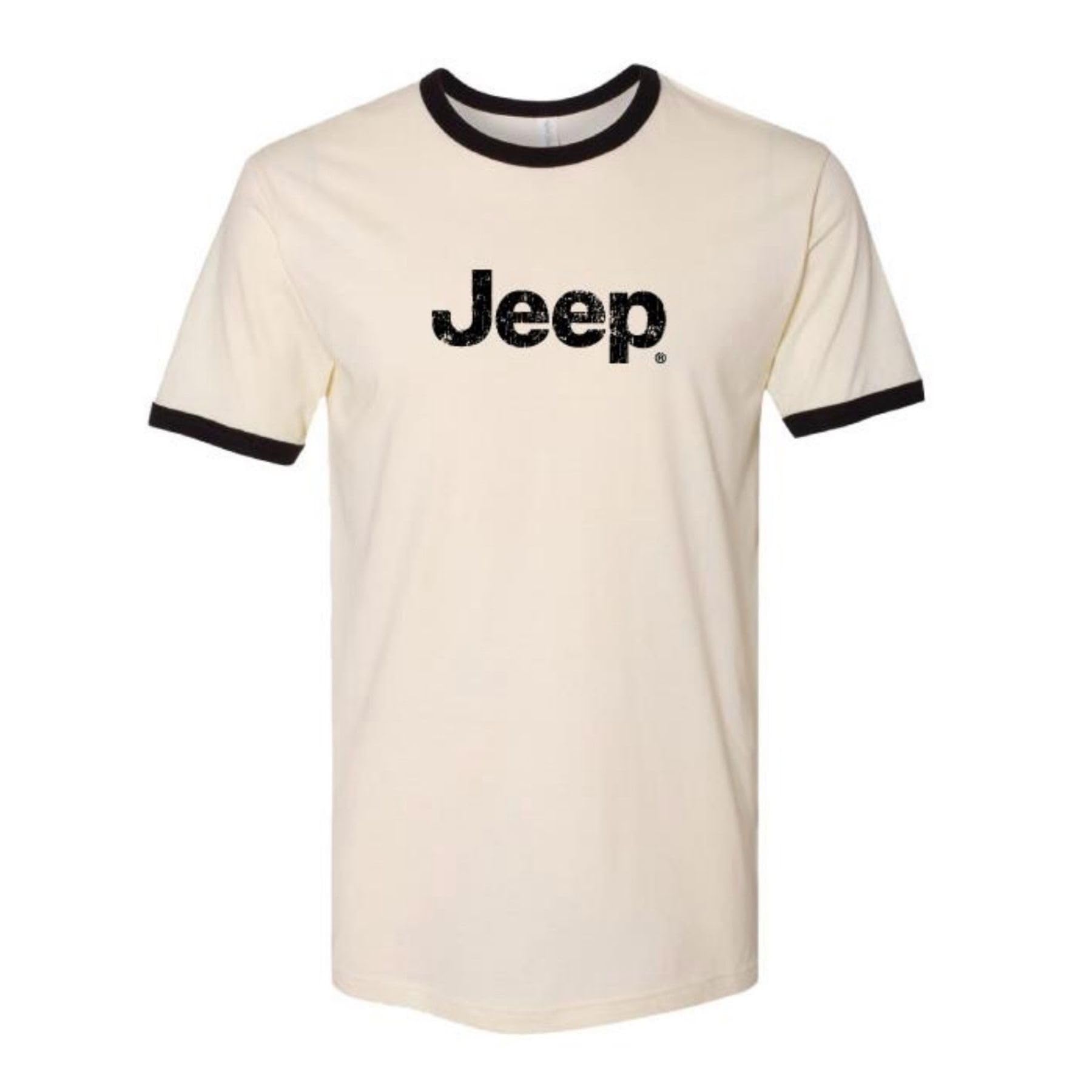 Vintage Jeep Logo Distressed Off-White Ringer T-Shirt for Men - Casual Retro Graphic Tee for Outdoor Adventures, Car Enthusiasts & Jeep Lovers