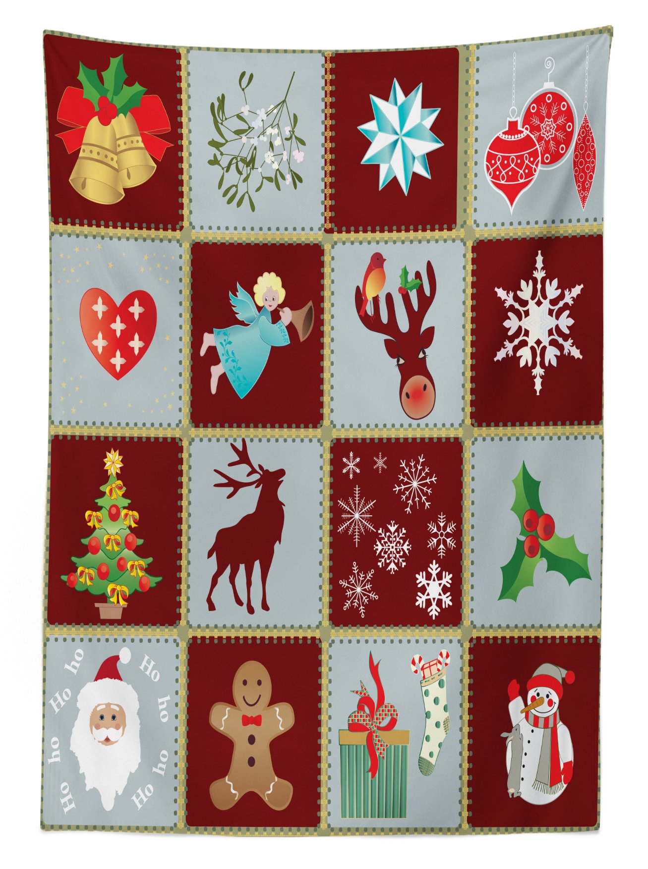 Ambesonne Christmas Angel Outdoor Tablecloth - Traditional Santa Reindeer Snowman Pine Tree Design - Washable Picnic Table Cover 58x104 Inches - Burgundy Blue Grey - Perfect for Holiday Parties, Outdoor Dining & Seasonal Decorations