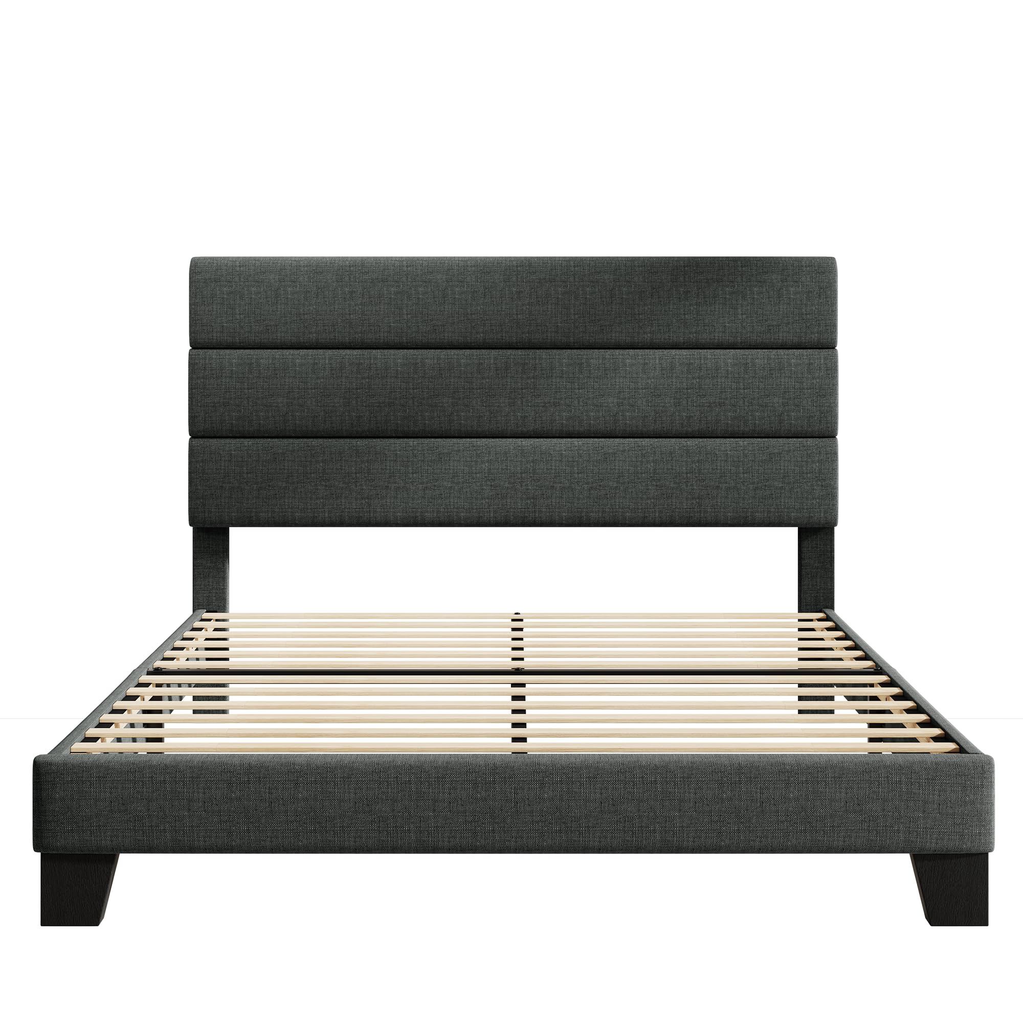 HOOMIC Queen Size Bed Frame with Headboard - Upholstered Fabric Platform Bed with Sturdy Wood Slats Support, No Box Spring Required, Dark Grey - Perfect for Master Bedrooms, Guest Rooms & Small Spaces