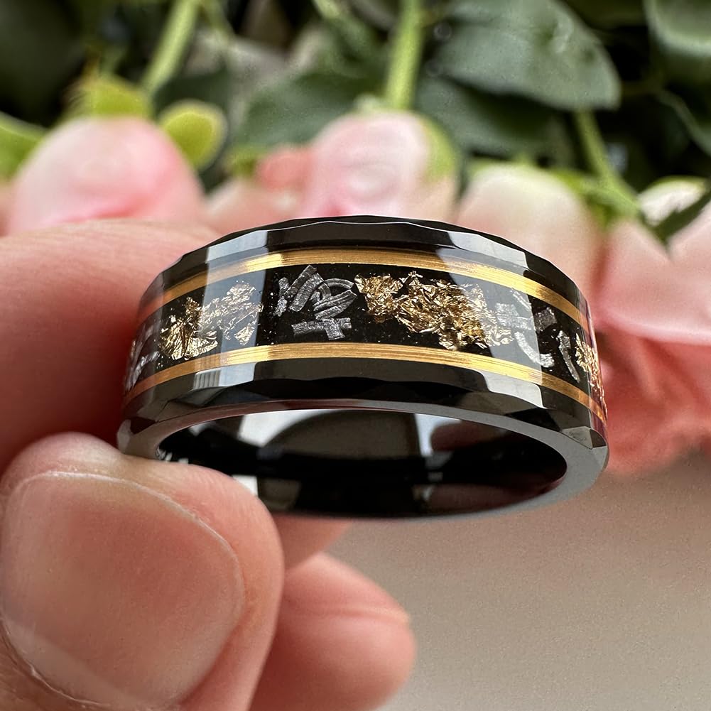 8mm Silver Black Gold Tungsten Rings for Men & Women - Meteorite Chips, Gold Foil & Galaxy Opal Inlay - Comfort Fit Wedding Band, Engagement & Promise Ring - Perfect for Anniversaries, Proposals & Everyday Wear