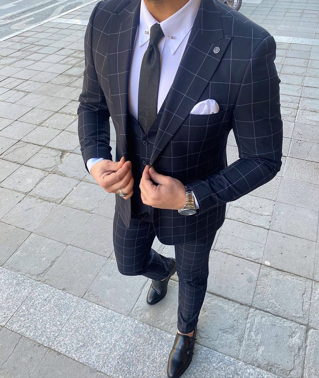 Men's Slim Fit Single Breasted 3-Piece Plaid Suit Set (Blazer + Vest + Pants) for Wedding, Groomsmen & Formal Occasions | Business, Office & Special Events