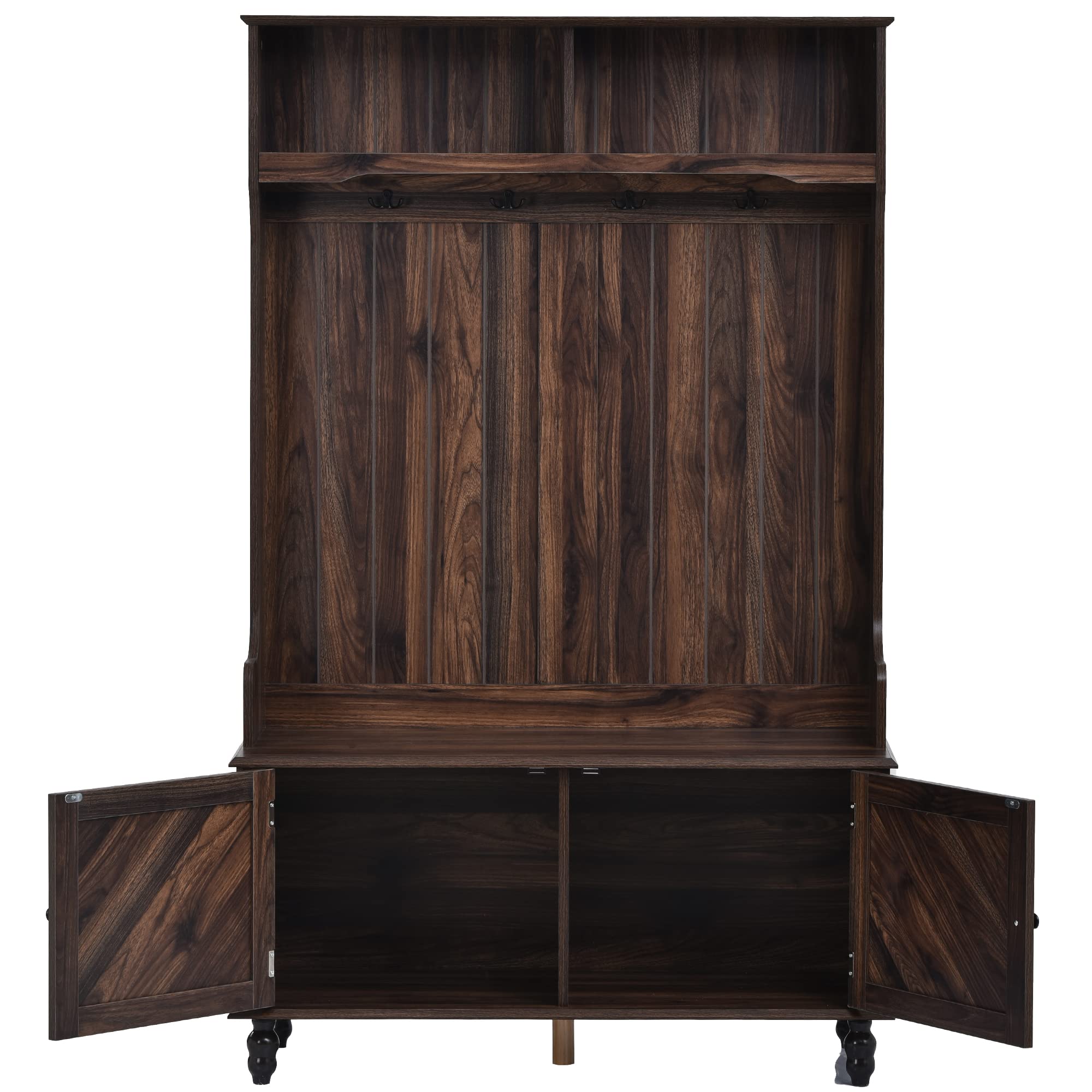 **3-in-1 Entryway Hall Tree with Storage Bench & Coat Hanger – 2 Door Cabinets, 4 Hooks & Shelves – Perfect for Mudroom, Living Room, or Hallway Organization – Brown**    *(Use Case: Ideal for storing coats, shoes, bags, and accessories while keeping your entryway or mudroom tidy and stylish.)*