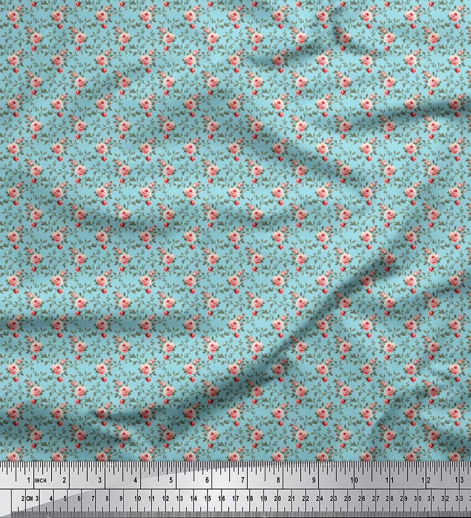 Soimoi Rayon Blue Fabric by The Yard - 42 Inch Wide - Botanical Bliss Printed Fabric with Small Leaves and Rose Patterns - Perfect for DIY Dresses, Curtains, and Home Decor Projects