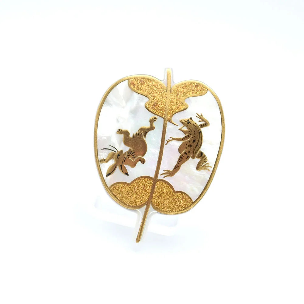 Handcrafted Japanese Maki-e Urushi Lacquer Brooch with White South Sea Pearl Shell - Choju Giga Rabbit & Frog Design - Traditional Artisan Jewelry for Women, Gift for Her, Special Occasion Wear