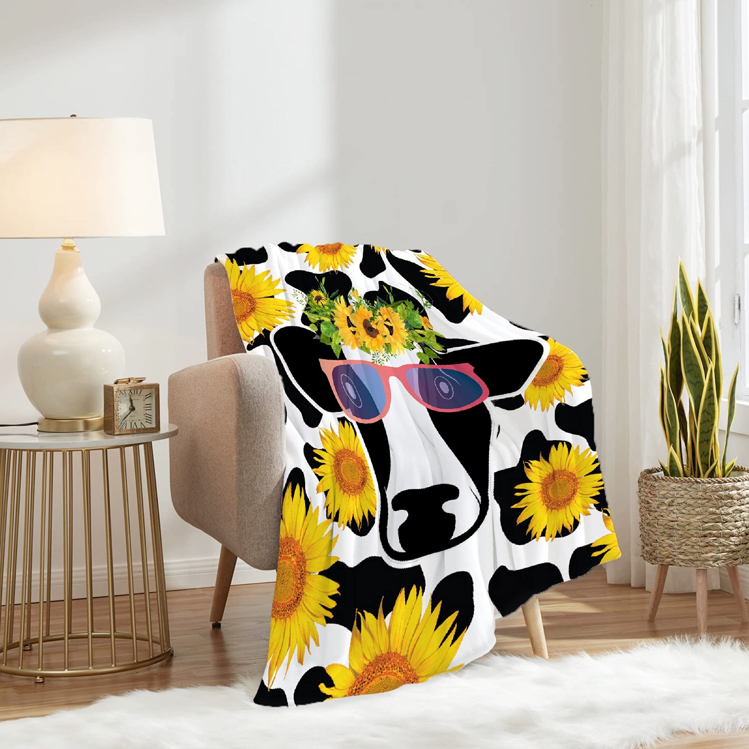 Sunflower Cow Print Plush Throw Blanket - Ultra Soft Lightweight Flannel Fleece Blanket for Baby Girls & Boys, Gifts - 120