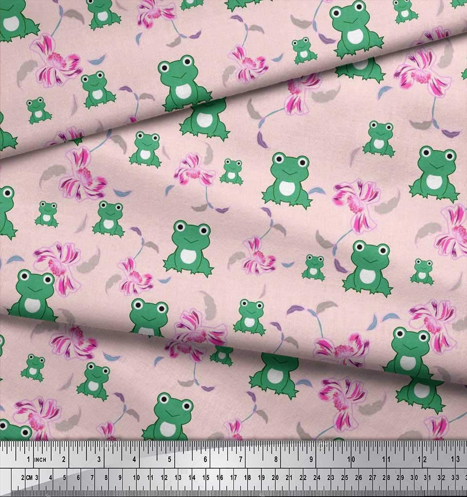 Soimoi Moss Georgette Brown Fabric by The Yard - 42 Inch Wide Floral & Frog Cartoon Print Fabric - Artistic Harmony Design for Dresses, Curtains & DIY Crafts