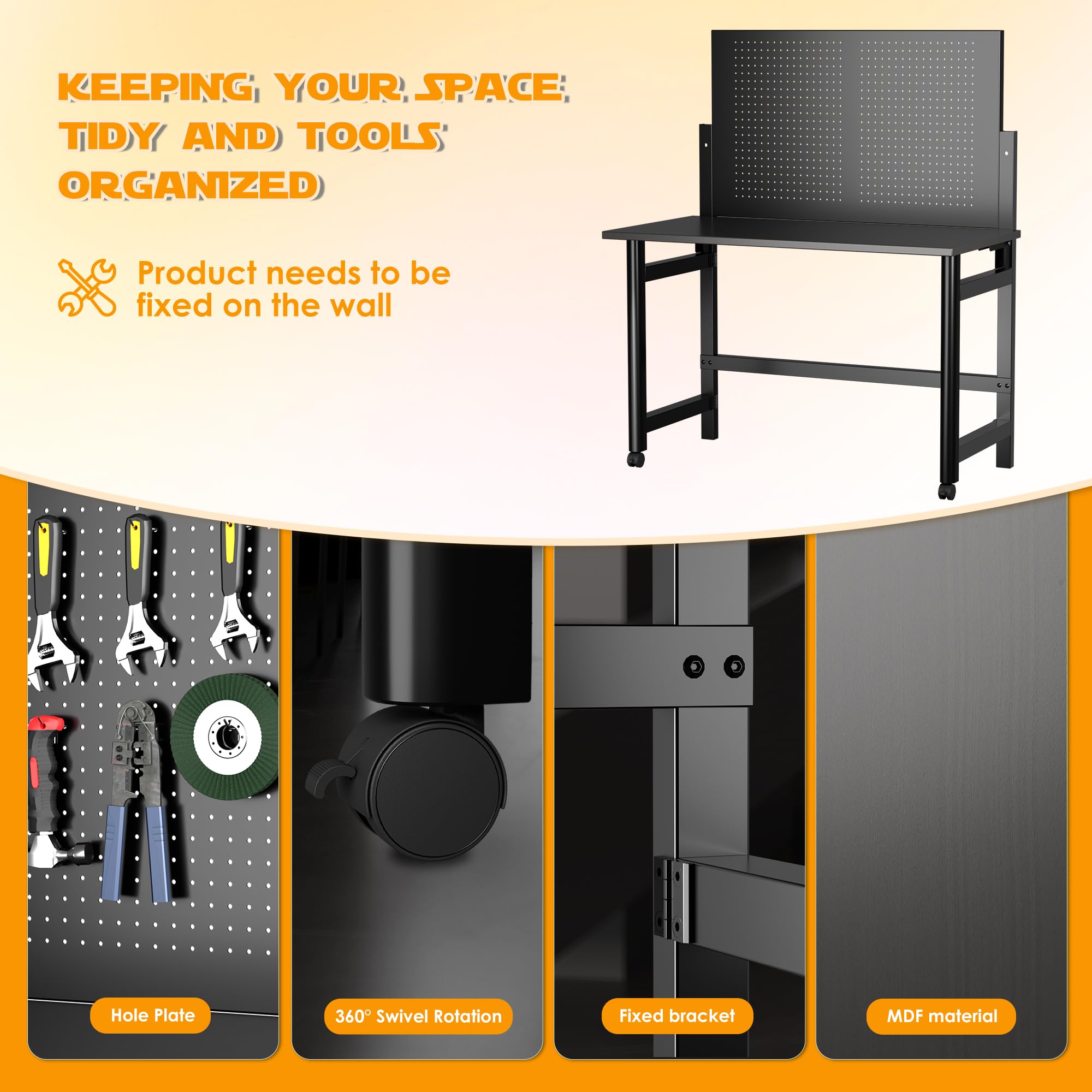 Heavy-Duty Wall-Mounted Workbench with Hooks | Foldable MDF Work Table for Garage, Utility Room & Warehouse | Black Workspace Organizer for DIY Projects & Home Repairs