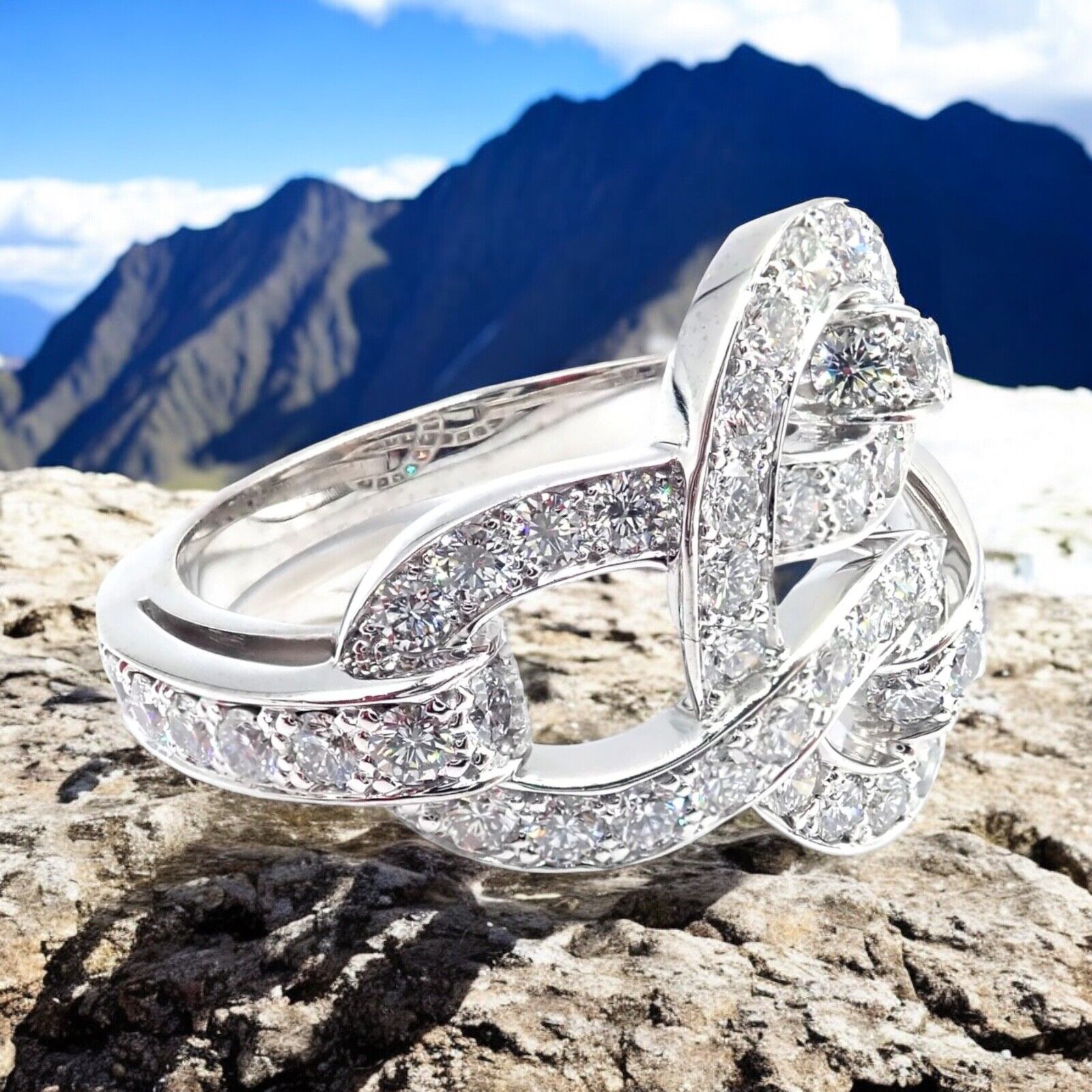 Authentic Cartier Agrafe 18k White Gold Diamond Band Ring for Women - Luxury Wedding Engagement Jewelry Gift for Her