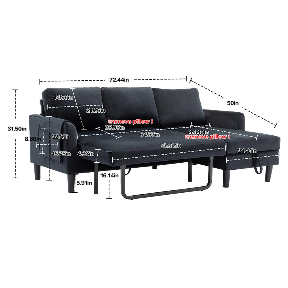 P PURLOVE 3-Seater Sleeper Sectional Sofa with Pull-Out Bed - Upholstered L-Shaped Couch with Storage Chaise & Pockets - Space-Saving Corner Sofa for Small Living Rooms, Apartments & Dorms - Perfect for Lounging, Entertaining & Overnight Guests