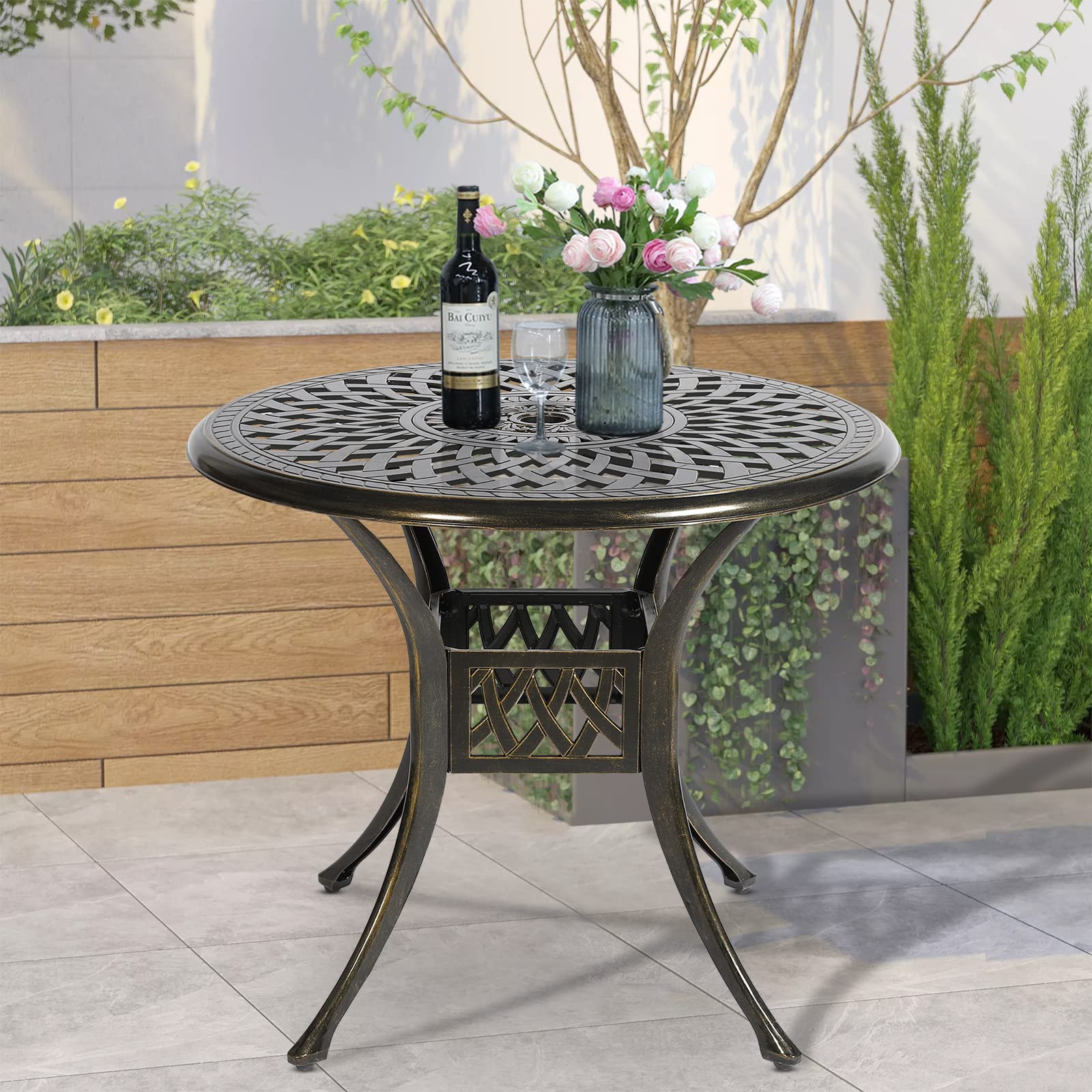VIVIJASON 31 Inch Round Outdoor Patio Bistro Table - Bronze Cast Aluminum Dining Table with Umbrella Hole - Perfect for Backyard, Garden, Poolside & Restaurant Outdoor Seating