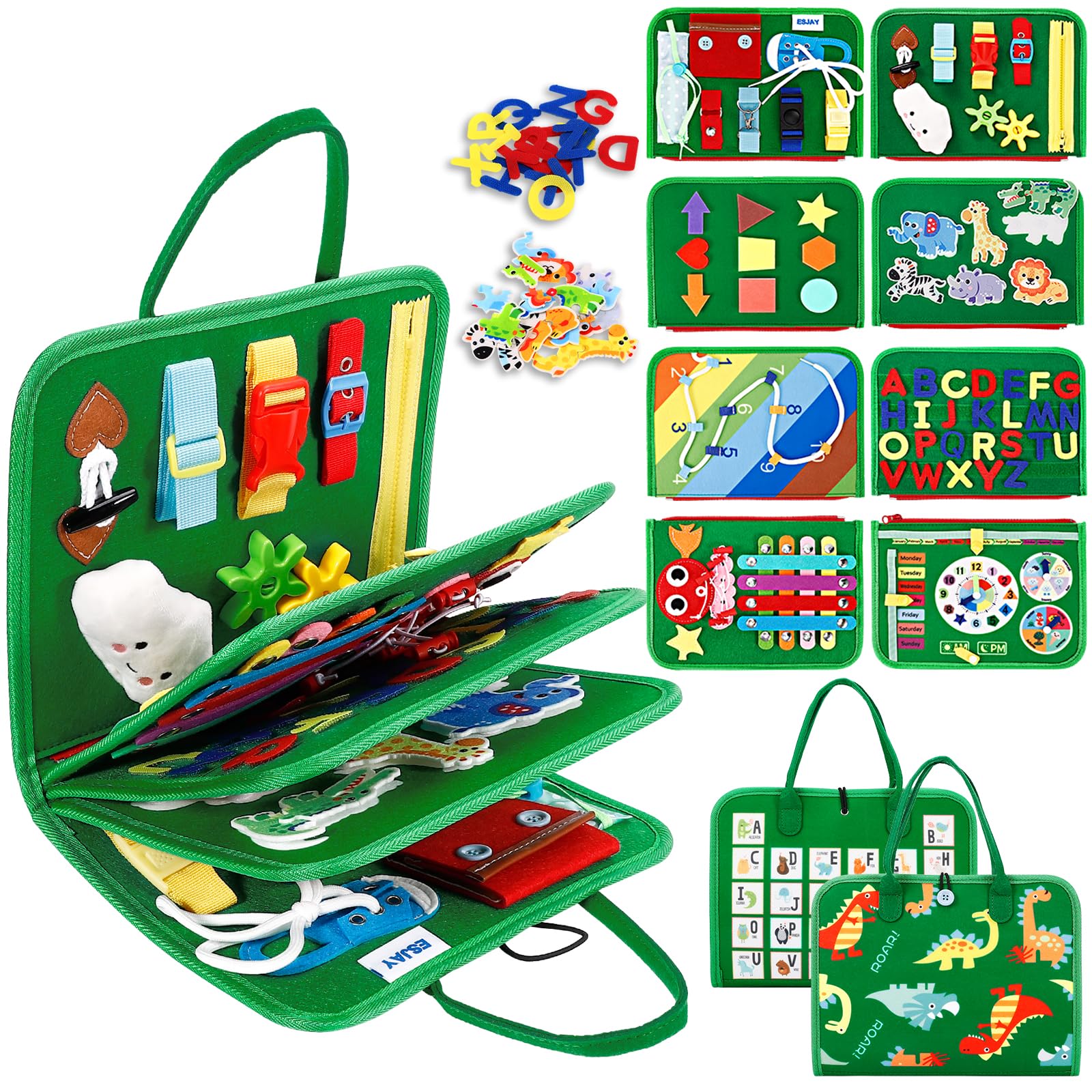 Esjay Montessori Busy Board for Toddlers - Sensory Learning Toys for Fine Motor Skills Development - Educational Travel Toys for Airplane & Car - Perfect Gift for Boys & Girls (Green Dinosaur) - Ideal for Preschool Learning, Quiet Play & Long Trips