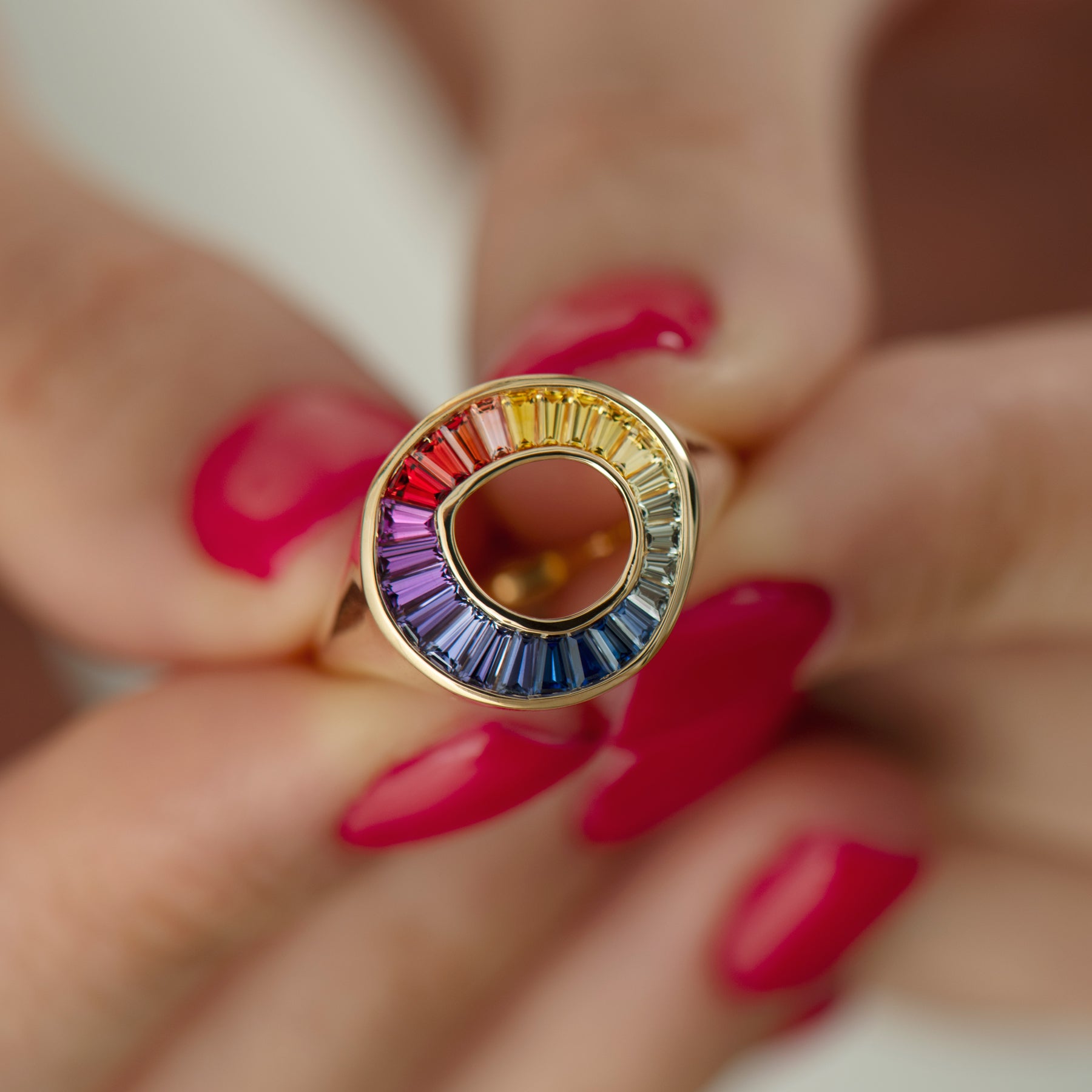 Exquisite Rainbow Sapphire Baguette Sphere Ring - Unique Handmade Jewelry for Women | Perfect for Weddings, Parties & Special Occasions