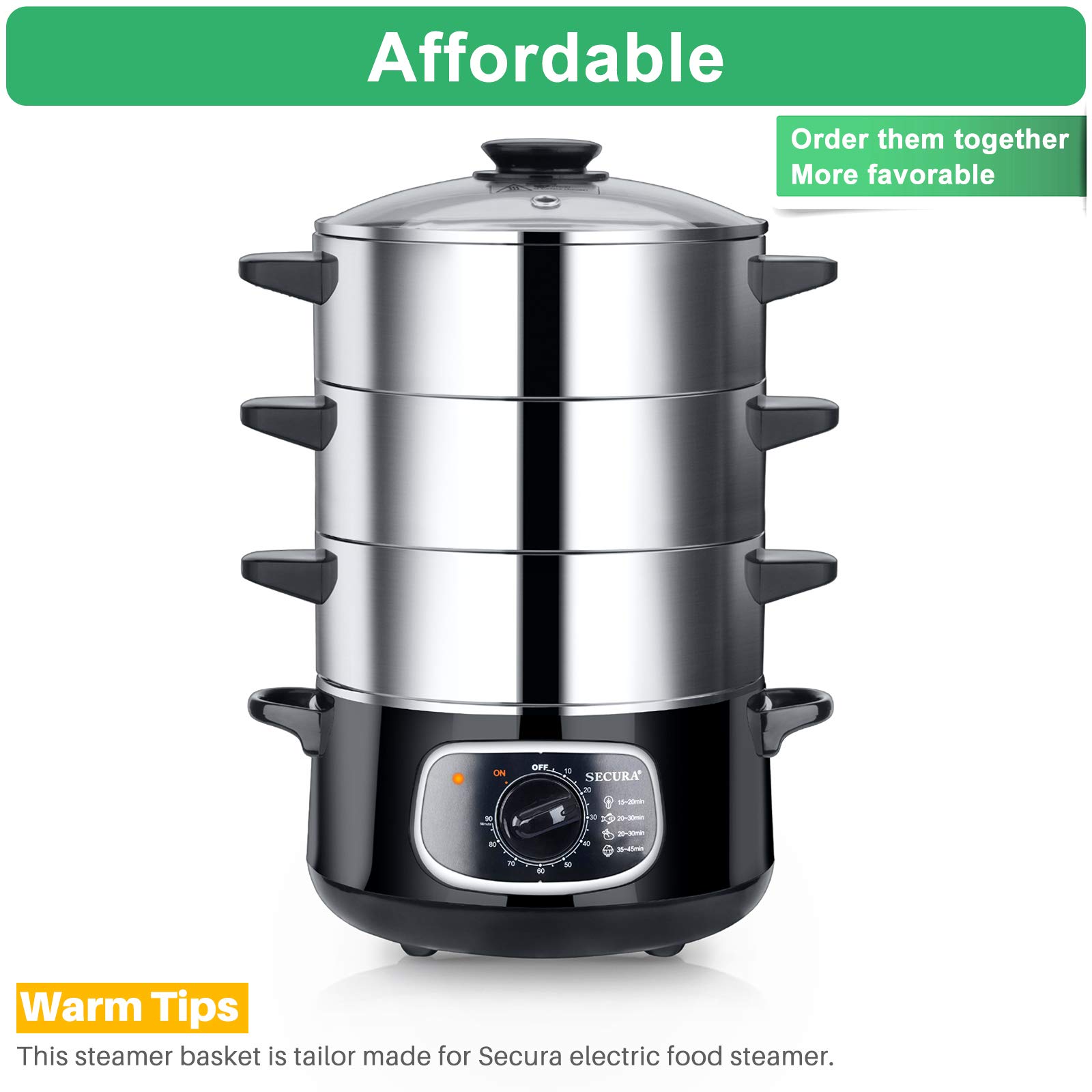 Secura 304 Stainless Steel Steamer Basket - 1 Tier Food Steamer Insert for 8.5 Quart Electric Cookers | Perfect for Vegetables, Dumplings & Healthy Cooking