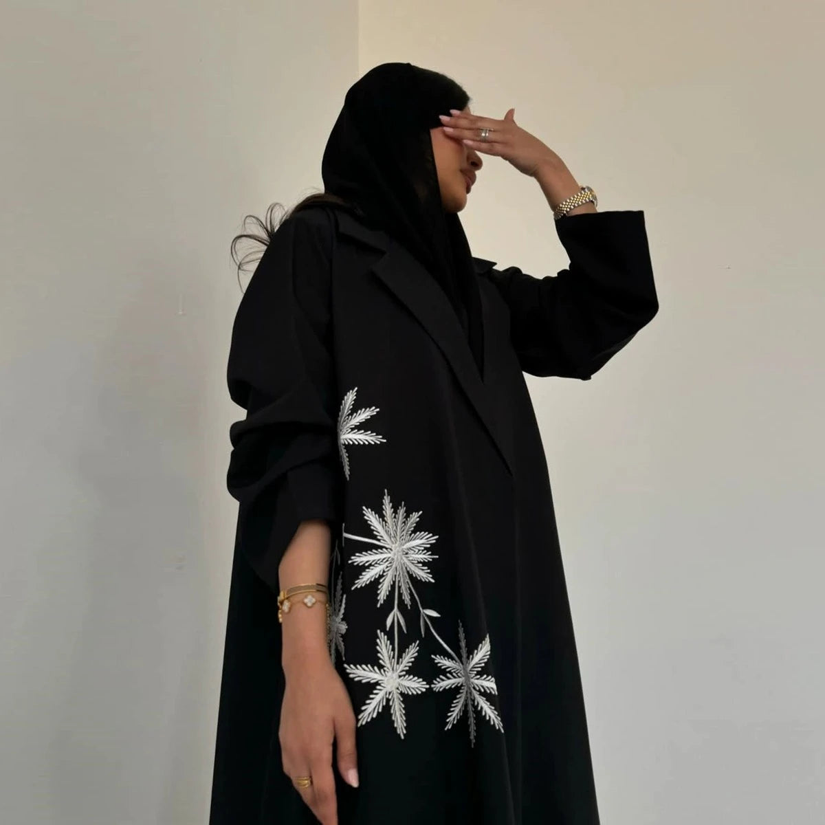 Elegant Black Embroidered Open Abaya Dress with Cardigan - Modest Muslim Fashion for Prayer, Evening Wear & Special Occasions