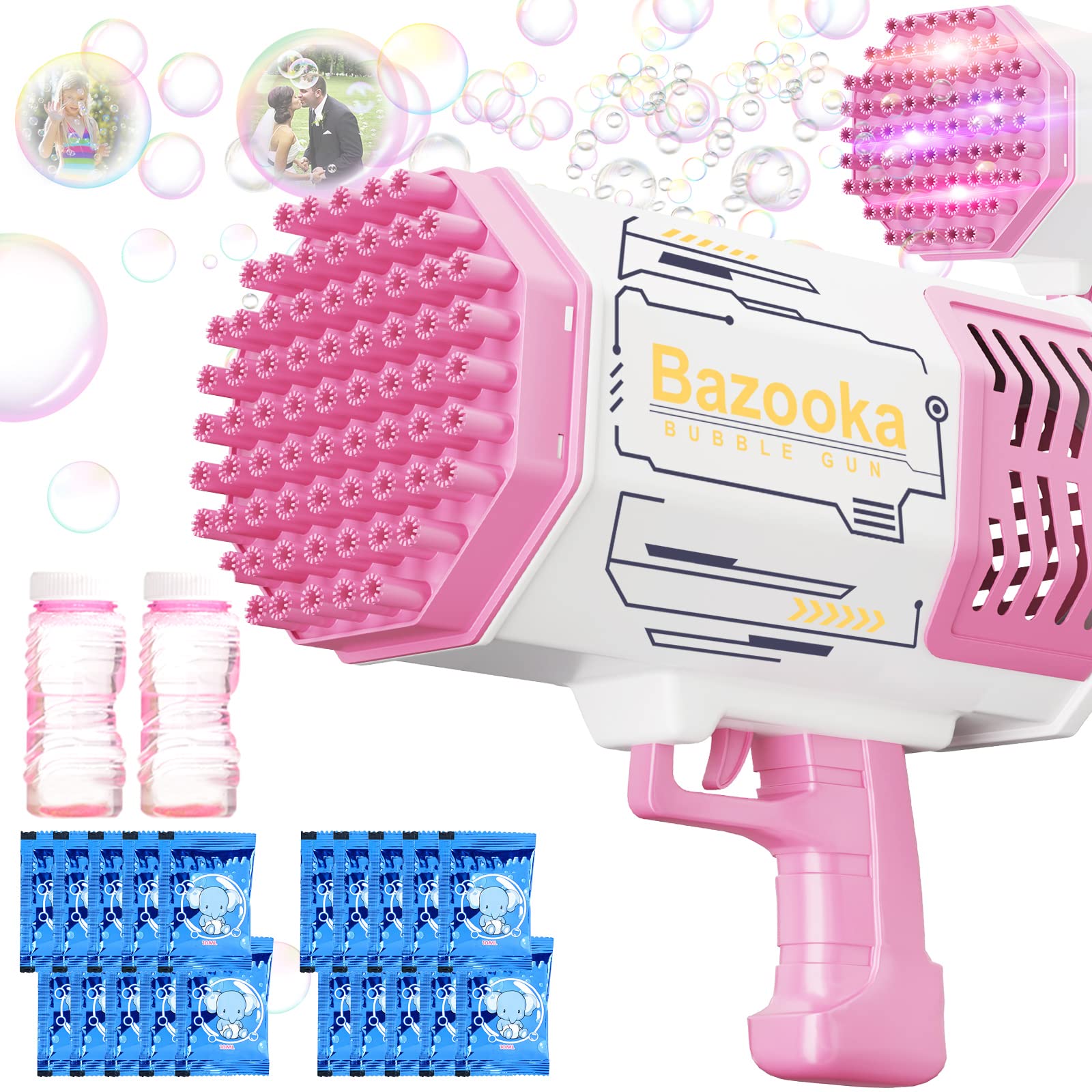 Pitpat 69 Holes Bazooka Bubble Gun - Rocket Boom Bubble Blower with 2 Bubble Solution Refills - High Capacity Bubble Machine for Kids Outdoor Play, Birthday Parties & Summer Fun - Pink
