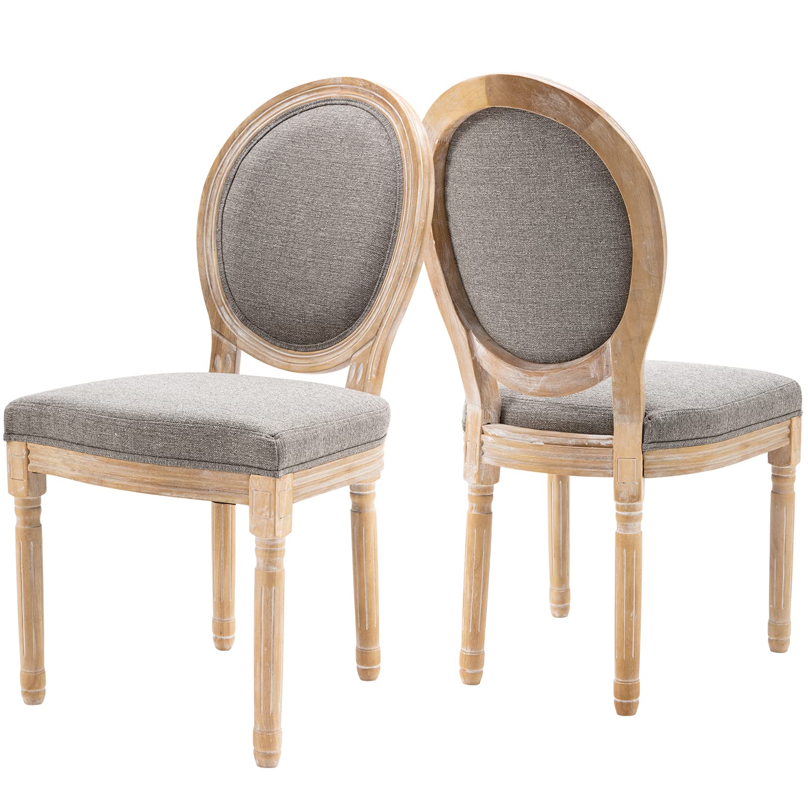 Vintage French Farmhouse Dining Chairs Set of 2 - Upholstered Linen Kitchen Chairs with Round Back - Solid Wood Side Chairs for Dining Room & Living Room - Gray - Perfect for Farmhouse Decor, Kitchen Breakfast Nook & Cozy Dining Spaces