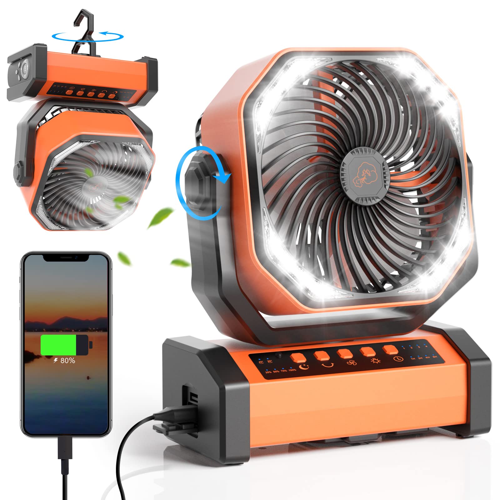 20000mAh Rechargeable Camping Fan with LED Light - Portable Auto-Oscillating Desk Fan with Remote Control & Hook - 4 Speed USB Tent Fan for Outdoor, Travel, Jobsite, Home & Emergency Use