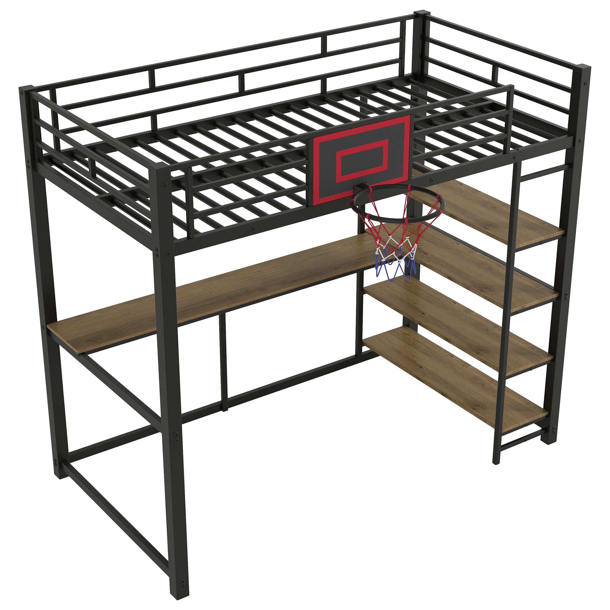 LZ LEISURE ZONE Twin Size Metal Loft Bed with Shelves, Desk & Basketball Hoop - Space Saving Kids Bedroom Furniture for Small Rooms, Dormitory or Apartment - Black
