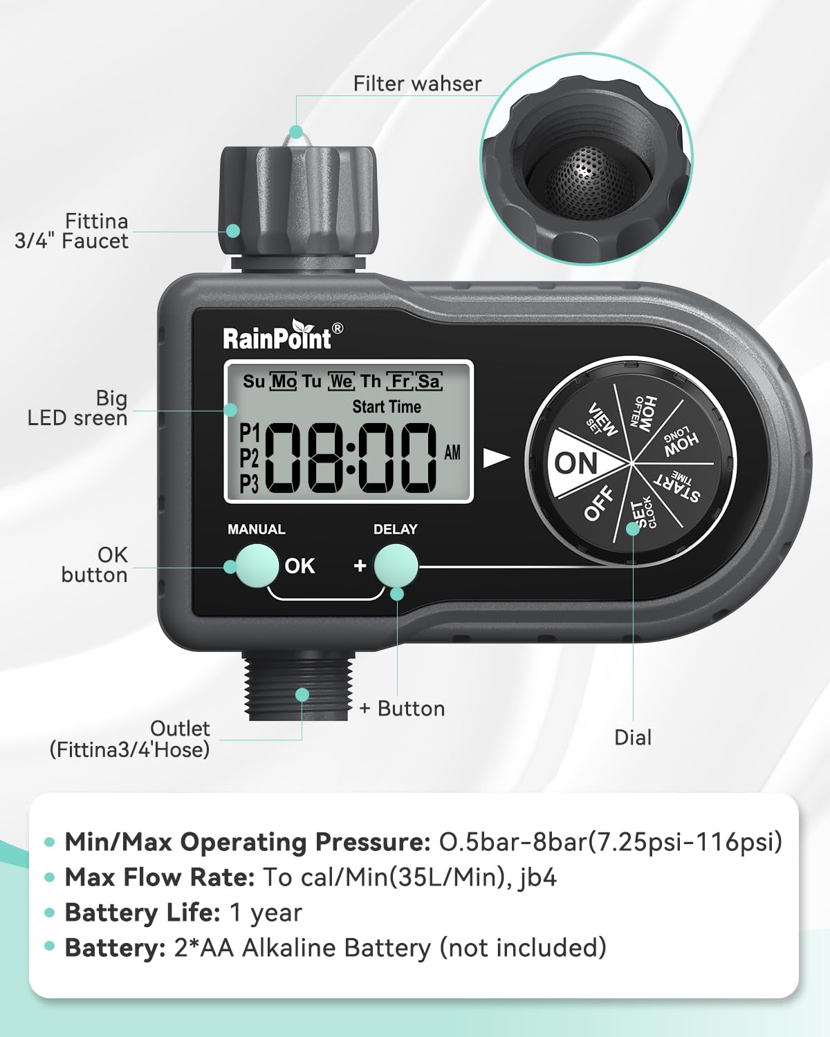RainPoint Smart Sprinkler Timer - 3-Zone Programmable Hose Water Timer for Garden, Lawn & Outdoor Irrigation | Automatic/Manual Control for Daily or Custom Schedules | Perfect for Yard, Flower Beds & Vegetable Gardens