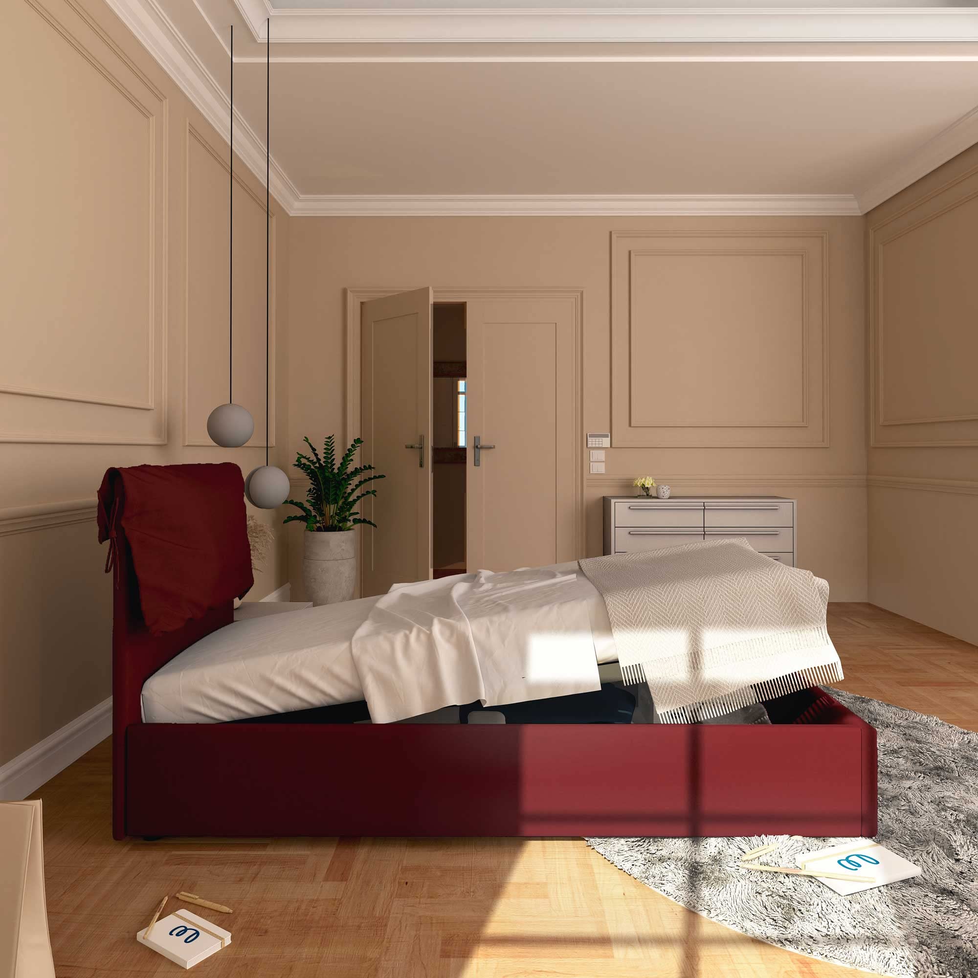 Baldiflex Single Bed with Storage - Licia Soft Synthetic Leather Upholstery, Slatted Base for Single Mattress, 80 x 200 cm, Padded Headboard, Burgundy Color - Perfect for Small Bedrooms, Guest Rooms & Studio Apartments