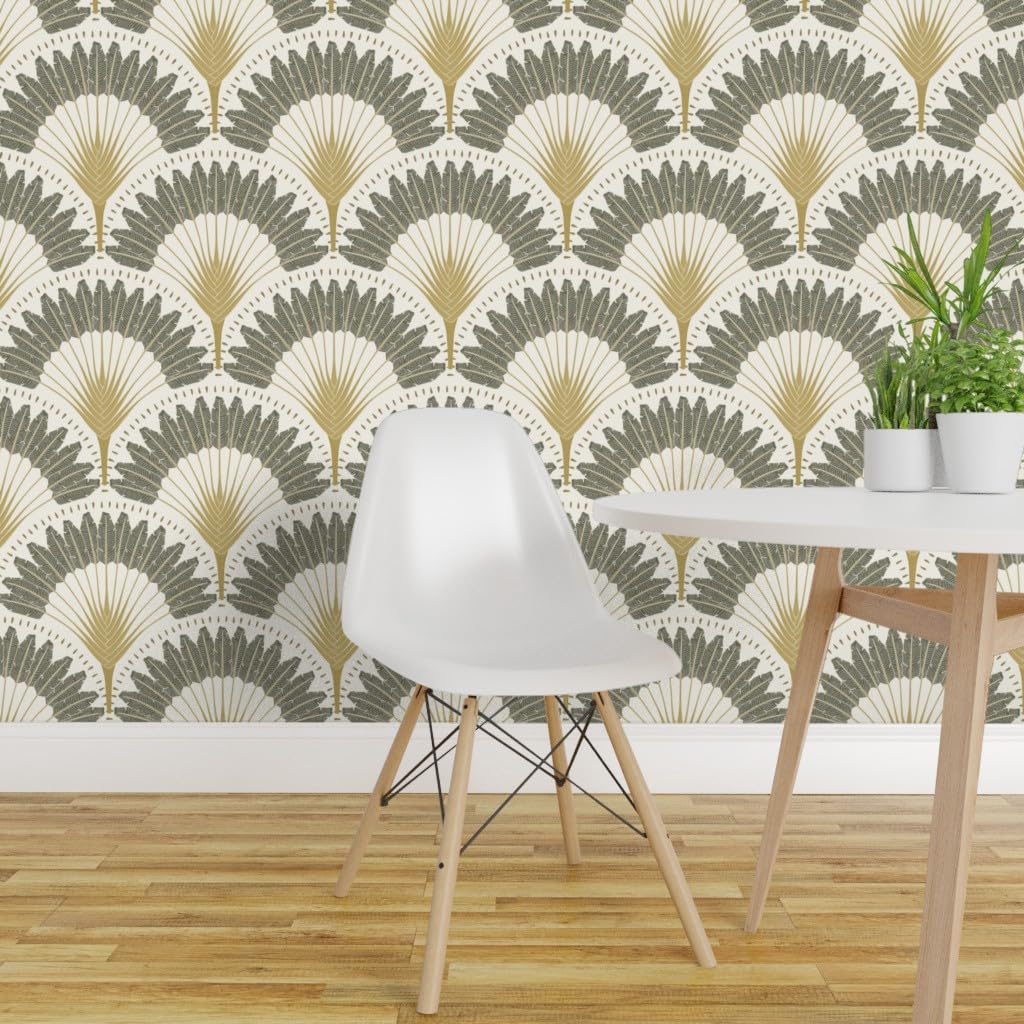 12ft x 2ft Removable Wallpaper - Neutral Botanicals Palms & Art Deco Fans Design | Pre-Pasted Peel & Stick Wallpaper for Bedroom, Living Room & Nursery Decor | Trendy Custom Wallpaper by Spoonflower