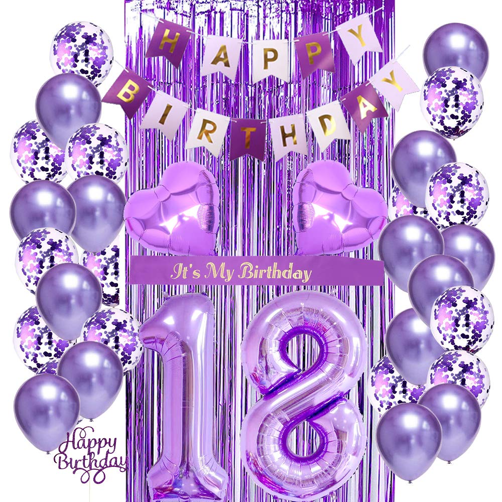 18th Birthday Party Decorations Kit for Girls - Purple Balloons, Birthday Sash, Cake Topper & Banner - Perfect for Sweet 16 to 18 Birthday Celebrations, Graduation Parties & Milestone Events