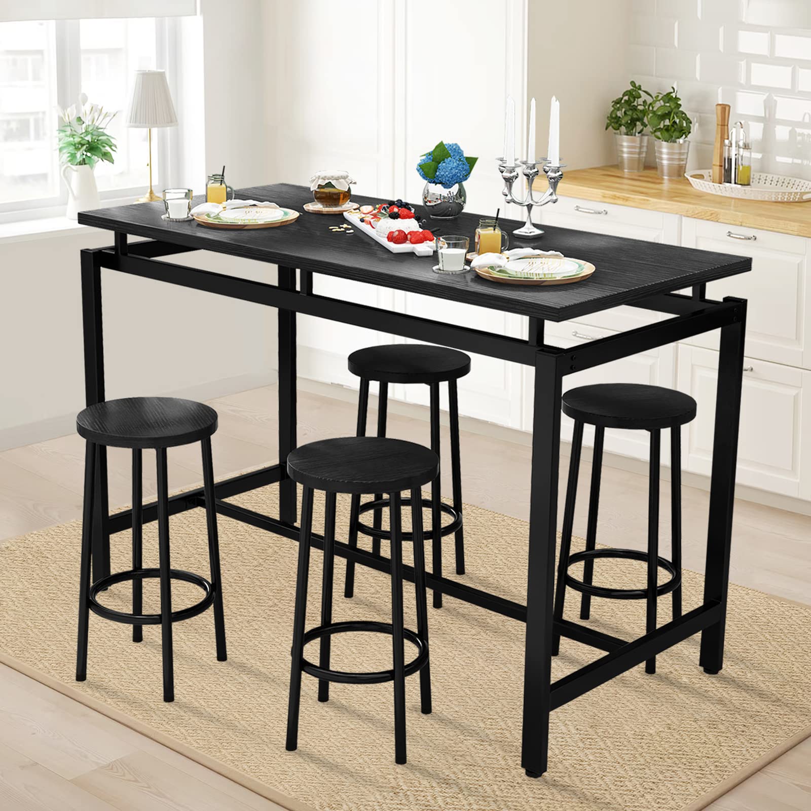 DKLGG 5-Piece Wooden Dining Table Set for 4 - Small Kitchen Table with 4 Stools, Space-Saving Bar Height Dining Room Furniture | Perfect for Breakfast Nook, Apartment Dining, and Small Kitchen Spaces