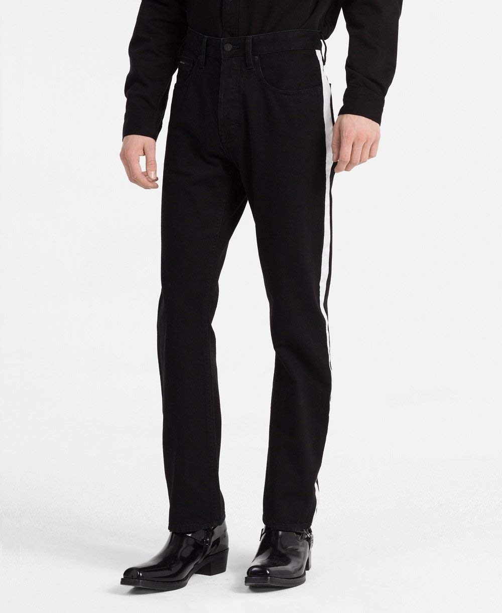 Calvin Klein Jeans Men's High Rise Straight Fit Black Denim Pants with White Stripe - 32x32 Size, Classic Casual & Office Wear for Everyday Style