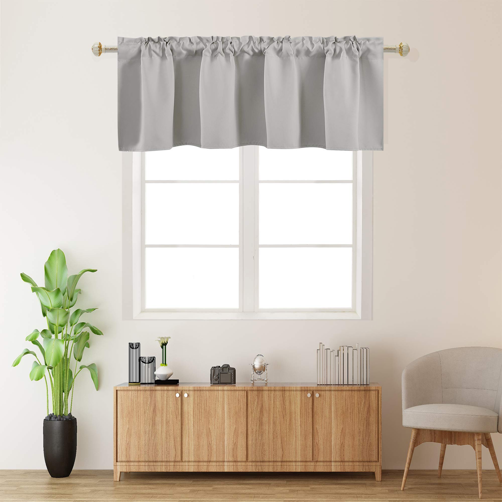 Light Gray Blackout Valance Curtains - 42 x 18 Inches - 1 Panel Darkening Window Treatment with Rod Pocket for Kitchen, Nursery, Bedroom & Small Windows - Perfect for Girls & Boys Rooms, Lofts - Blocks Light for Better Sleep & Privacy