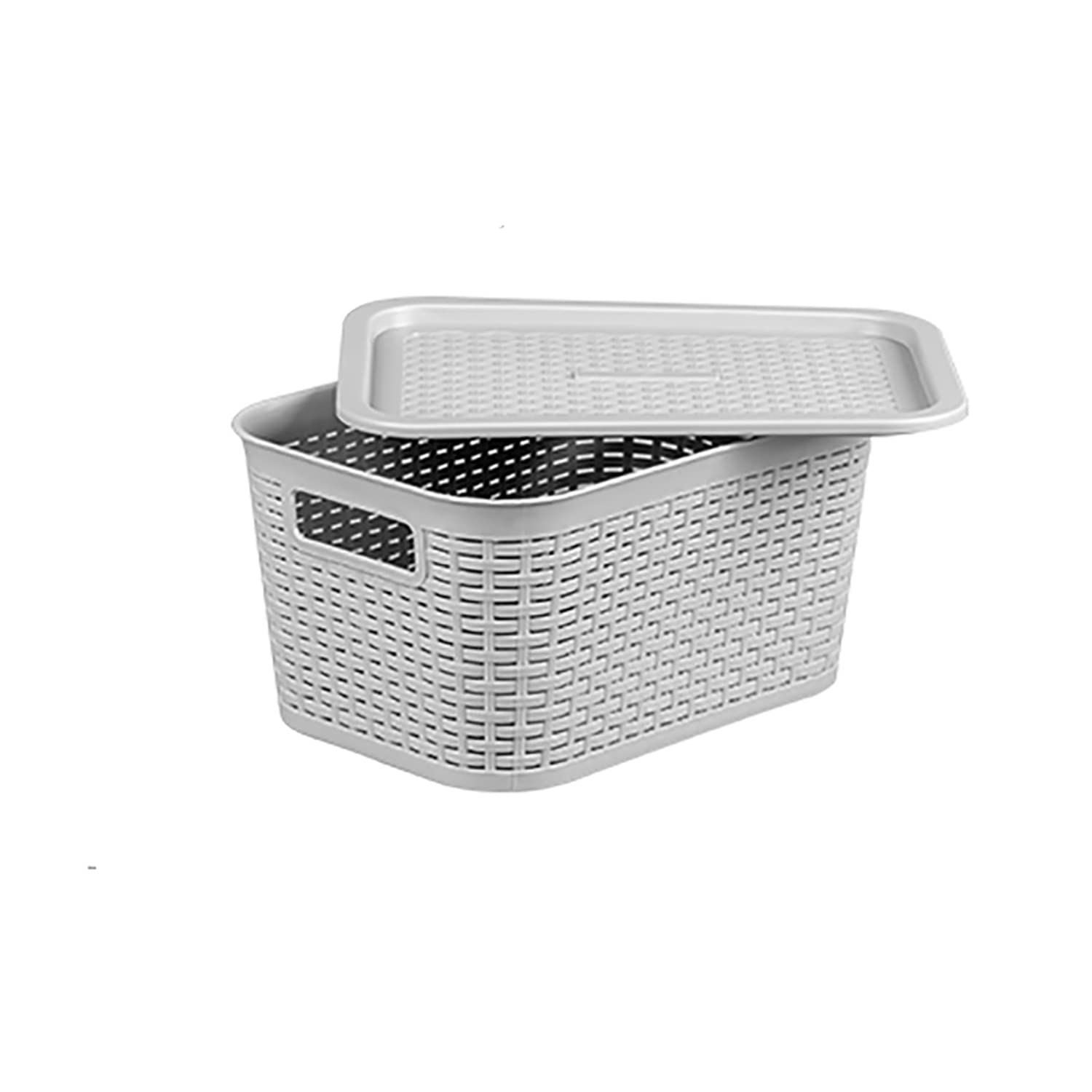 Plastic Storage Baskets with Lids & Handles - 8L Grey Woven Rattan Organizer Box for Bathroom, Kitchen, Shelves | Perfect for Home Organization & Decoration