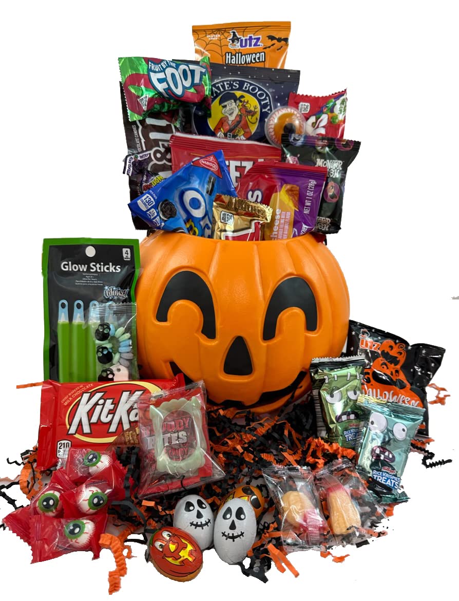 Premium Halloween Trick-or-Treat Survival Kit | Sweet & Salty Snacks Care Package with Pumpkin Bucket | Perfect for College Dorms, Parties & Campus Events