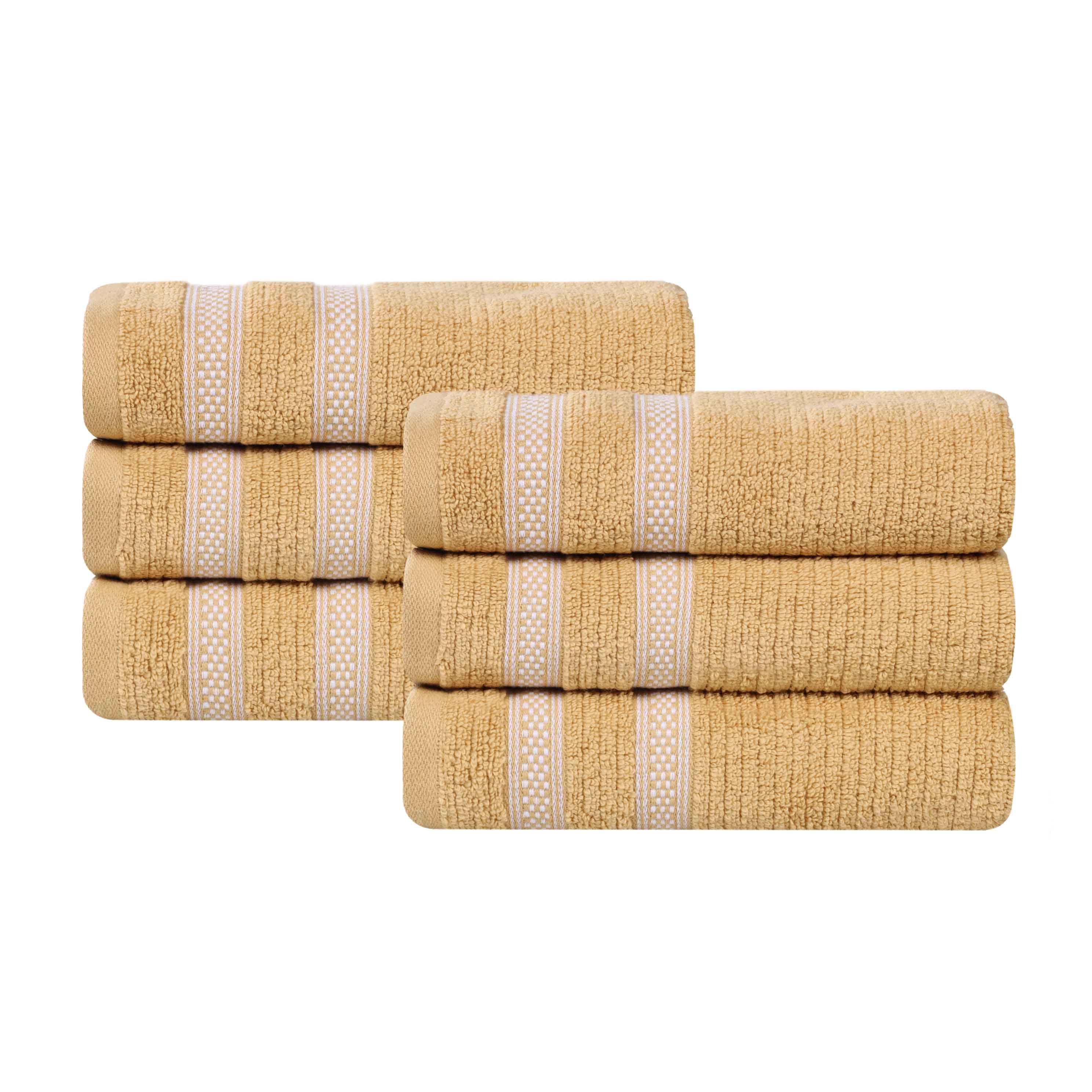 Premium Zero Twist Cotton Ribbed Geometric Border Plush Hand Towel Set of 6 - Ultra Soft & Absorbent Bathroom Towels for Guest Bath, Kitchen, Spa, and Luxury Home Decor