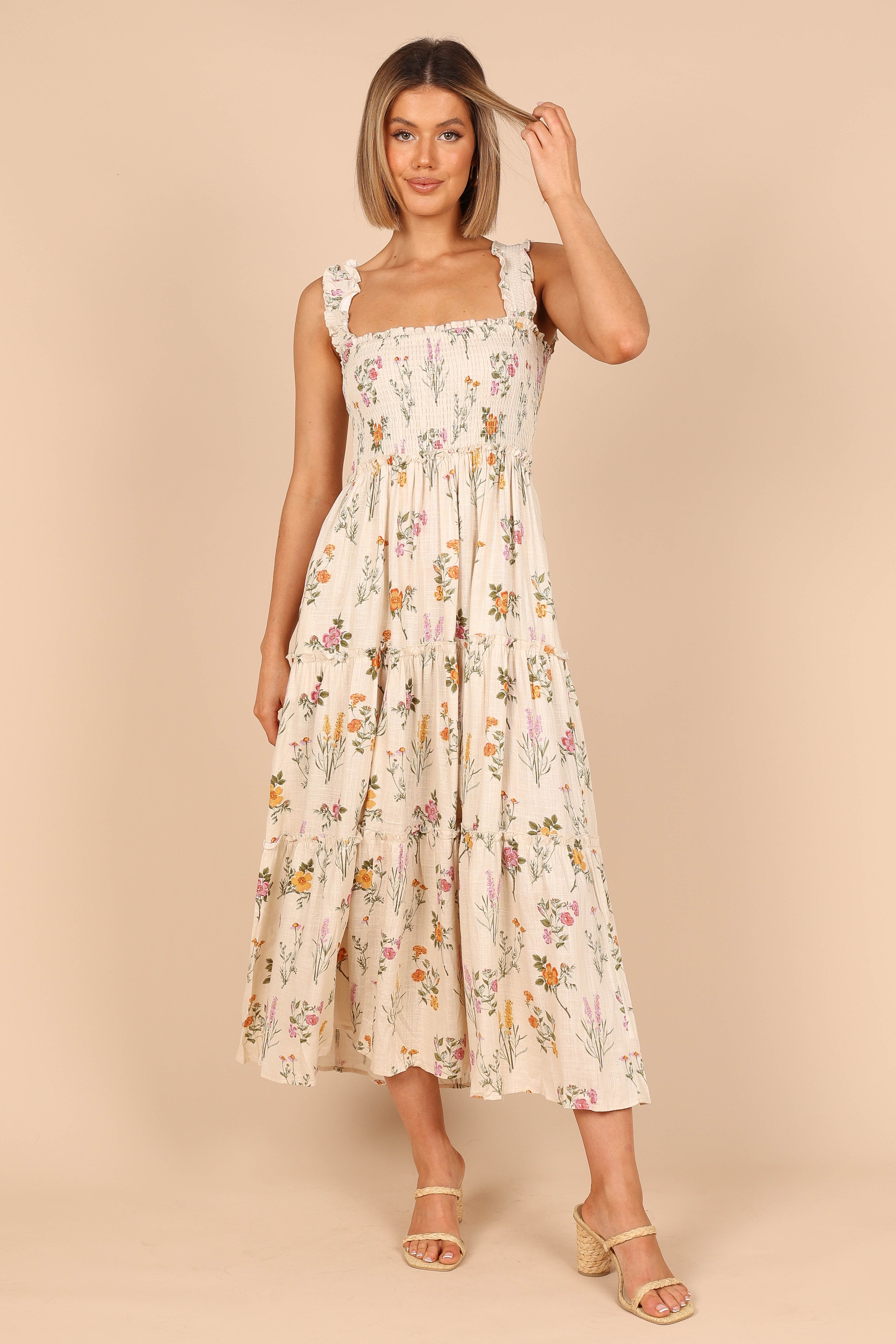 August Shirred Maxi Dress - Beige Floral Print Summer Dress for Women | Perfect for Beach Vacations, Date Nights & Casual Outings