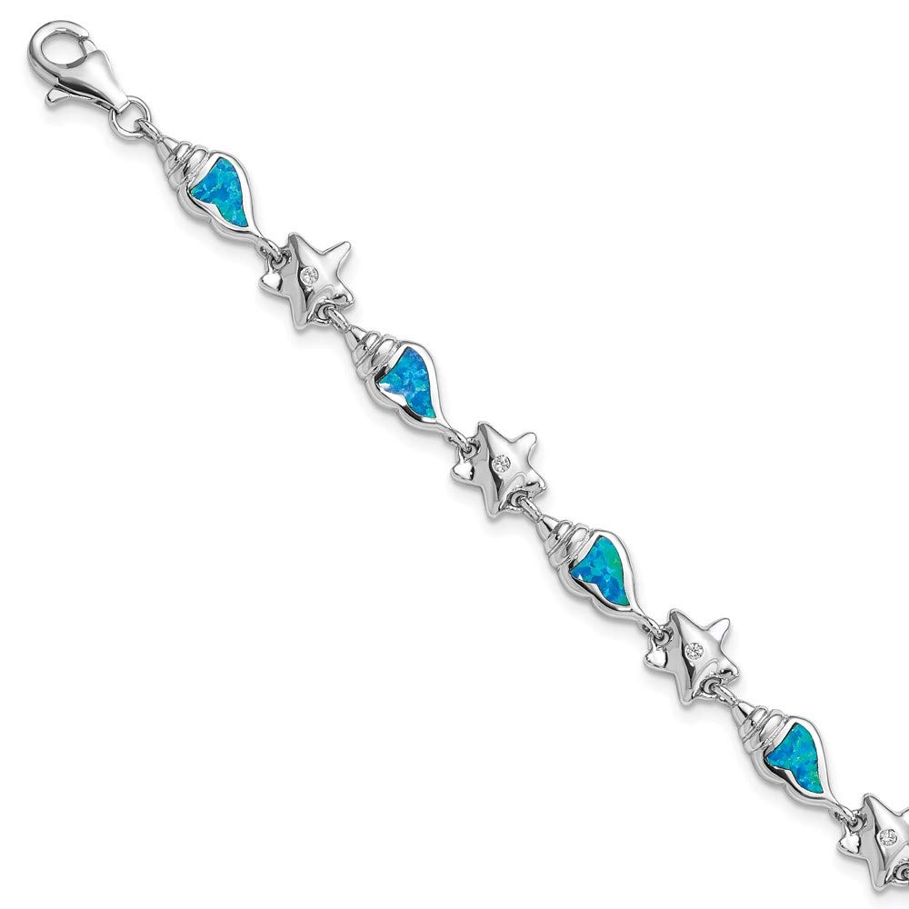 925 Sterling Silver Starfish & Seashell Bracelet with Cubic Zirconia & Blue Opal - Elegant Women's Jewelry Gift for Her (7.25