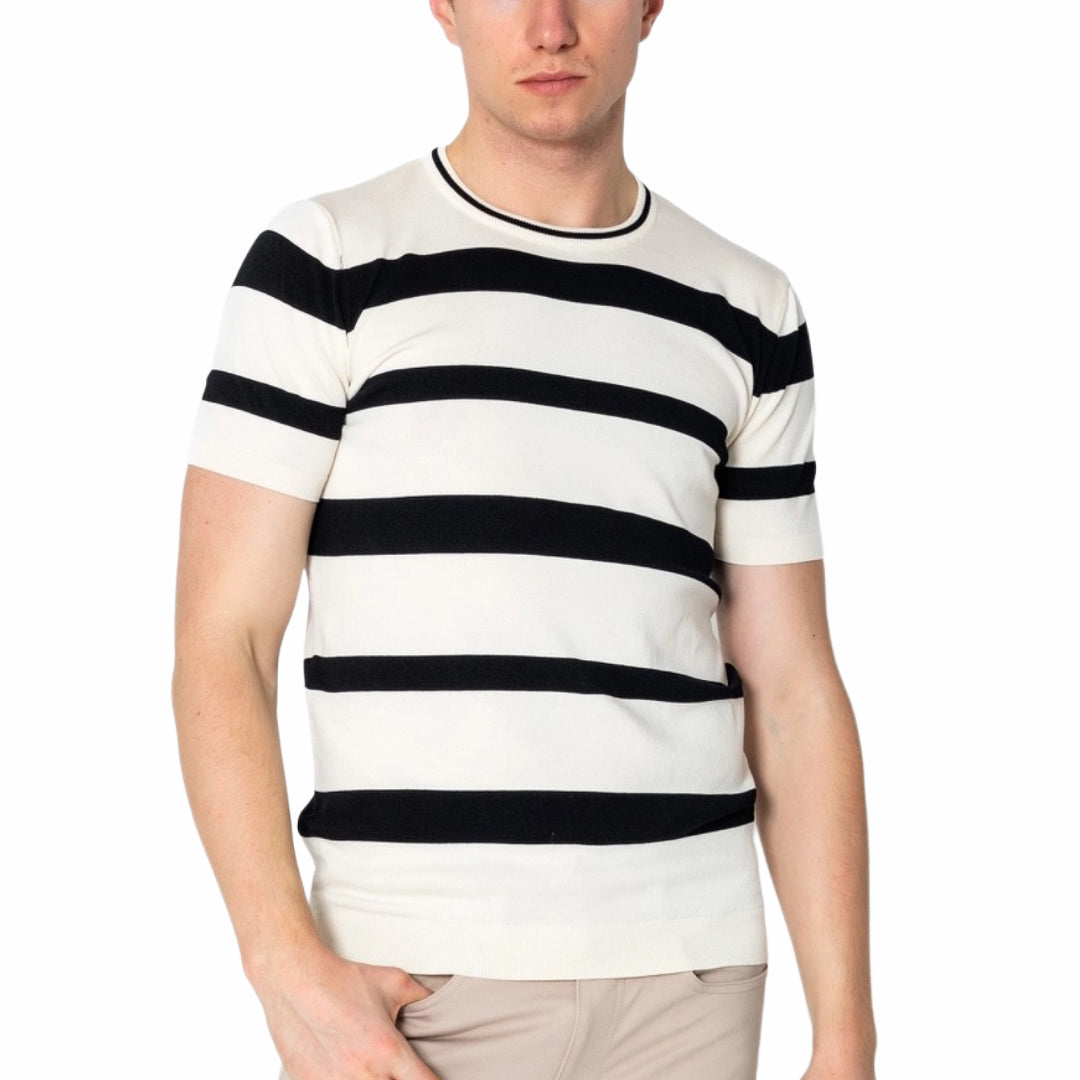 RNT23 Striped Knit T-Shirt for Women - Soft Cotton Crewneck Casual Top in Off White | Perfect for Everyday Wear, Layering & Outfits