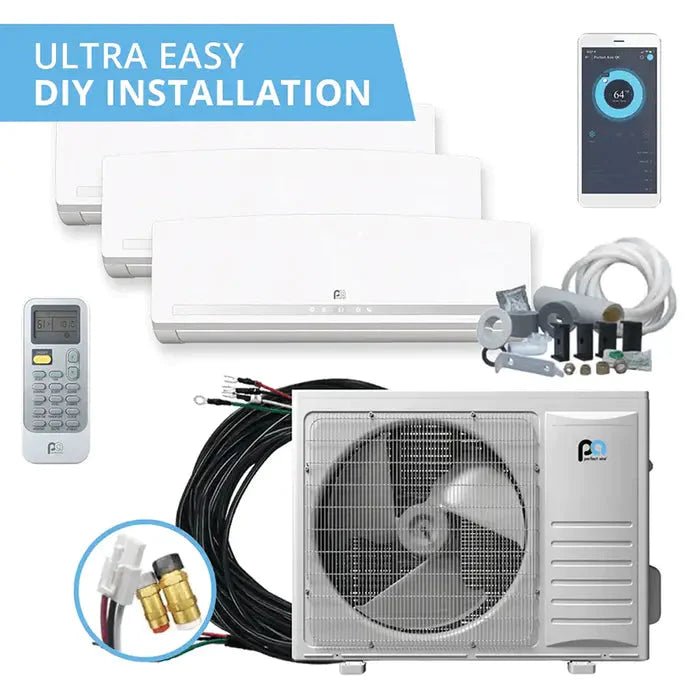 Perfect Aire DIY Multi Zone 3 Zone 24,000 BTU (9K + 9K + 18K) Mini Split Air Conditioner and Heat Pump System - Ideal for Home, Office, and Small Business Cooling & Heating